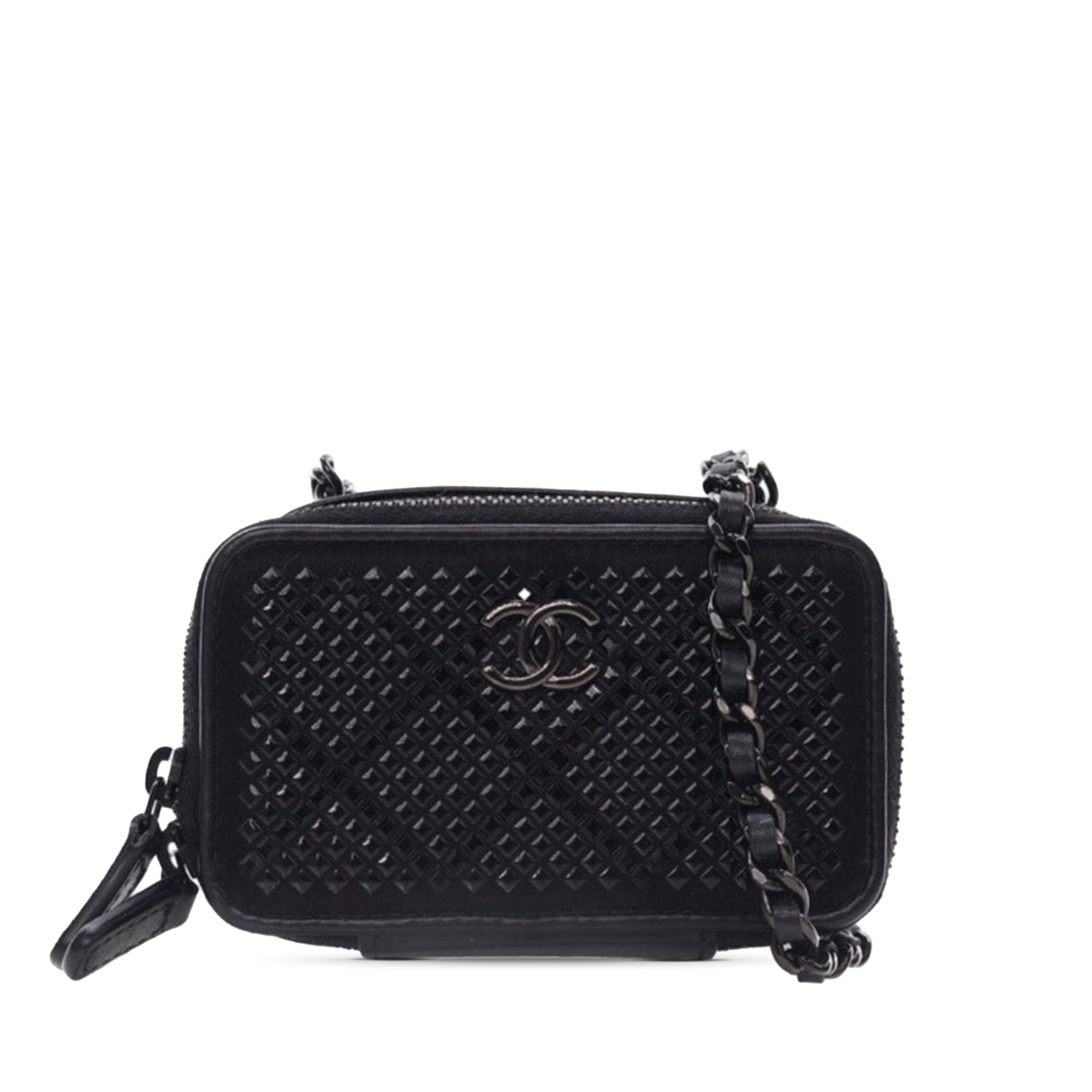 Chanel CC Lambskin Satin Strass Studded So Black Clutch with Chain - image 1