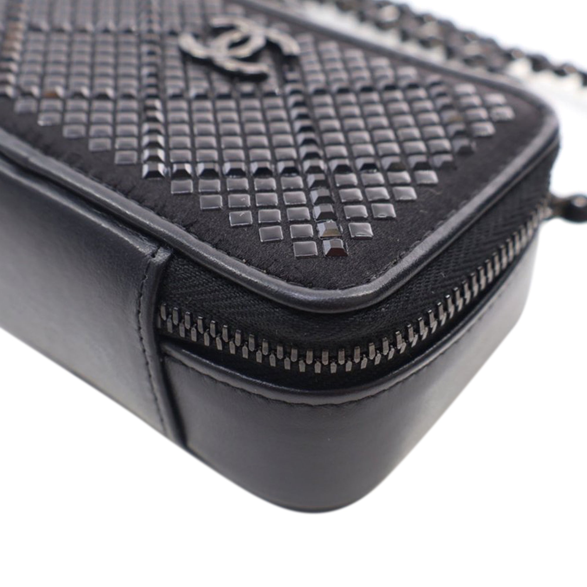 Chanel CC Lambskin Satin Strass Studded So Black Clutch with Chain - image 10