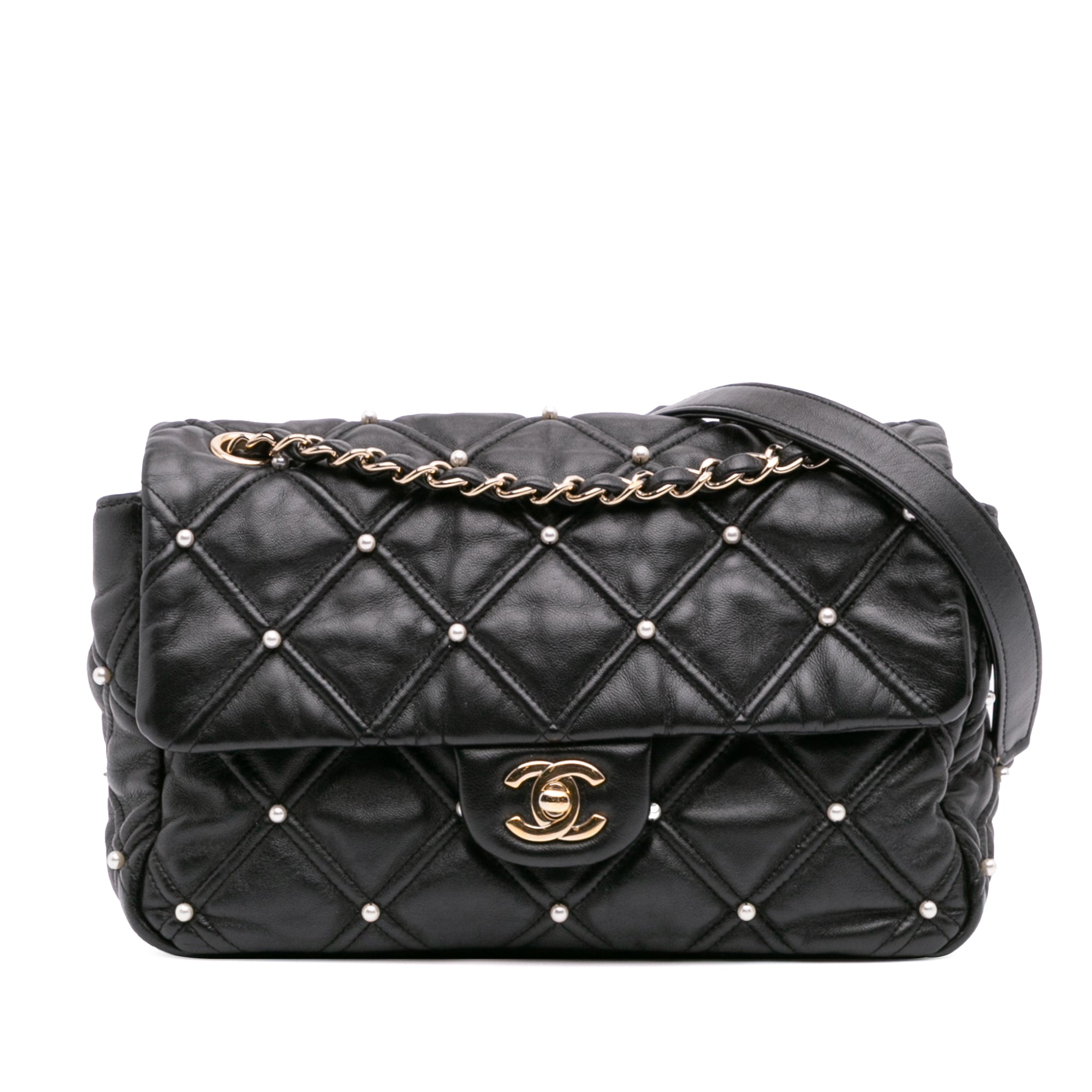 Chanel Medium Quilted Lambskin Pearl Studs Flap - image 1
