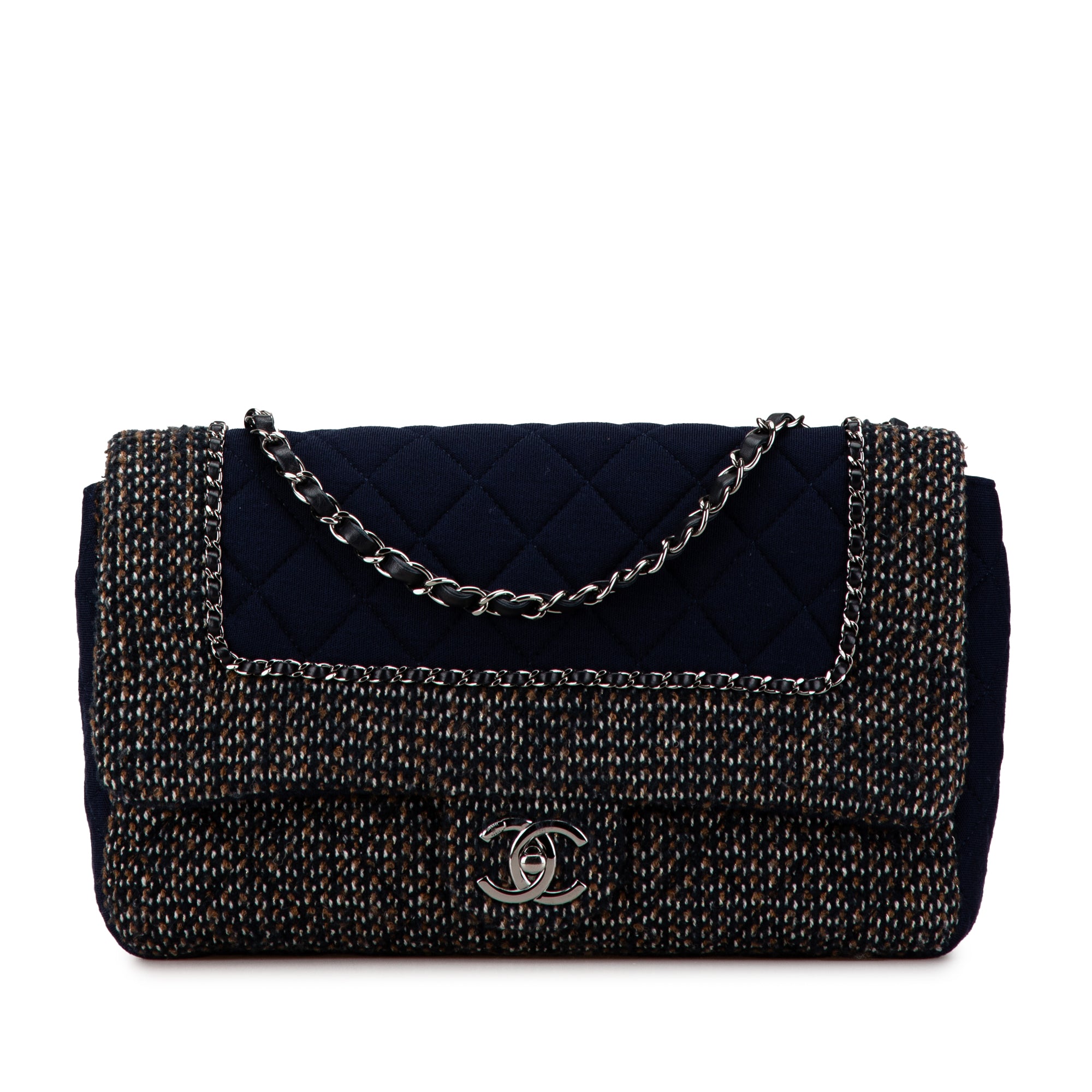Chanel Jumbo Quilted Jersey and Tweed Chain Flap - image 1