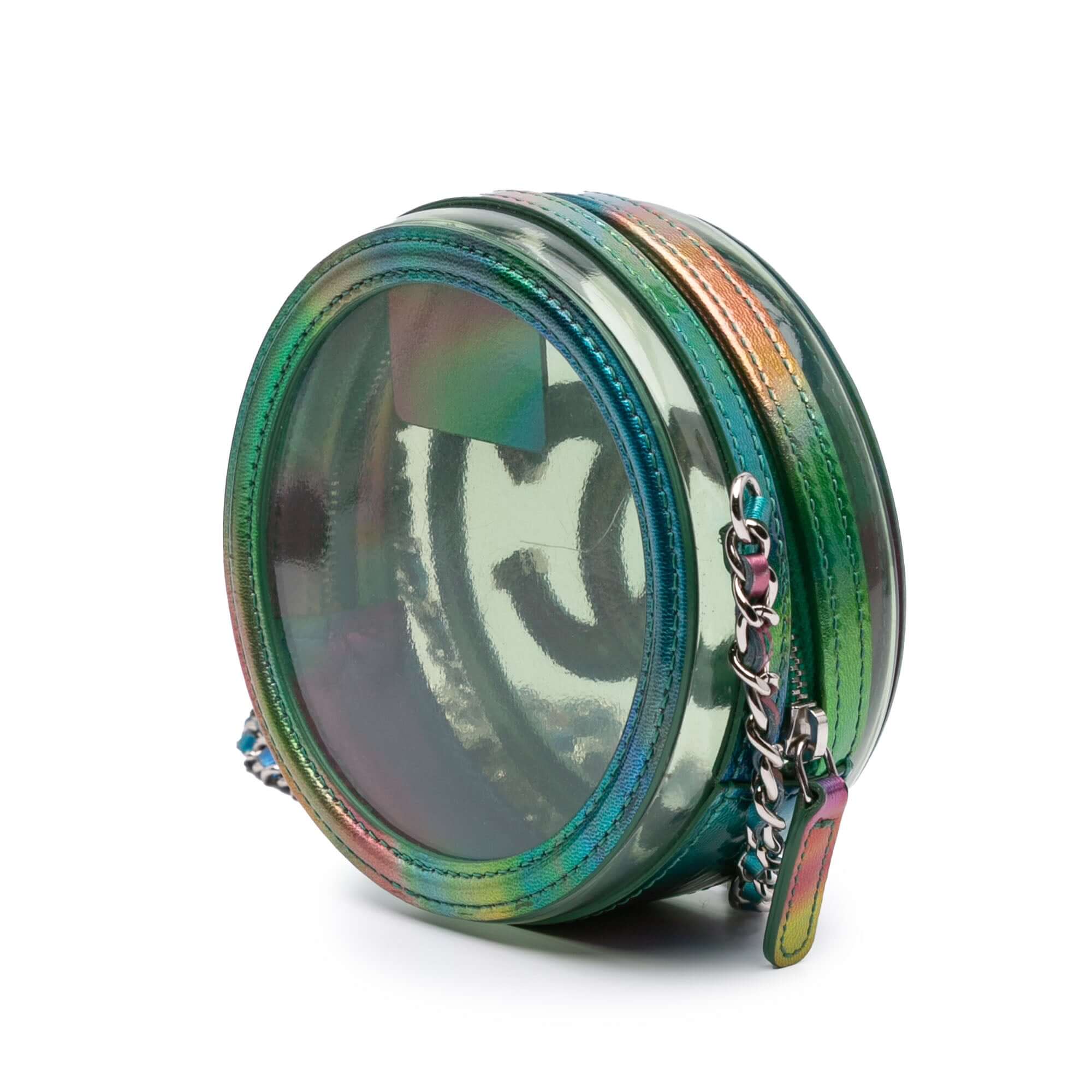 Chanel PVC and Metallic Lambskin CC Filigree Round Clutch with Chain