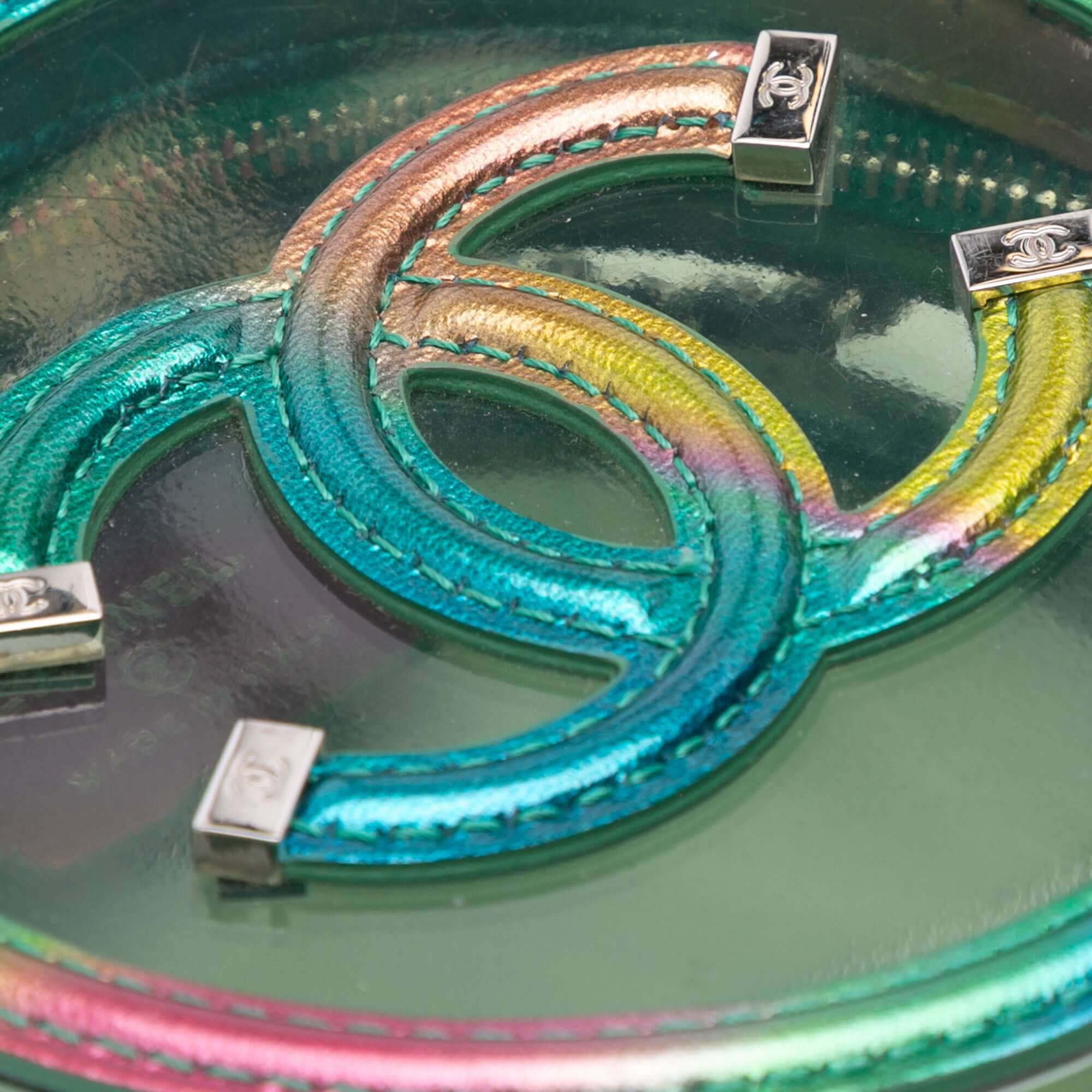 Chanel PVC and Metallic Lambskin CC Filigree Round Clutch with Chain