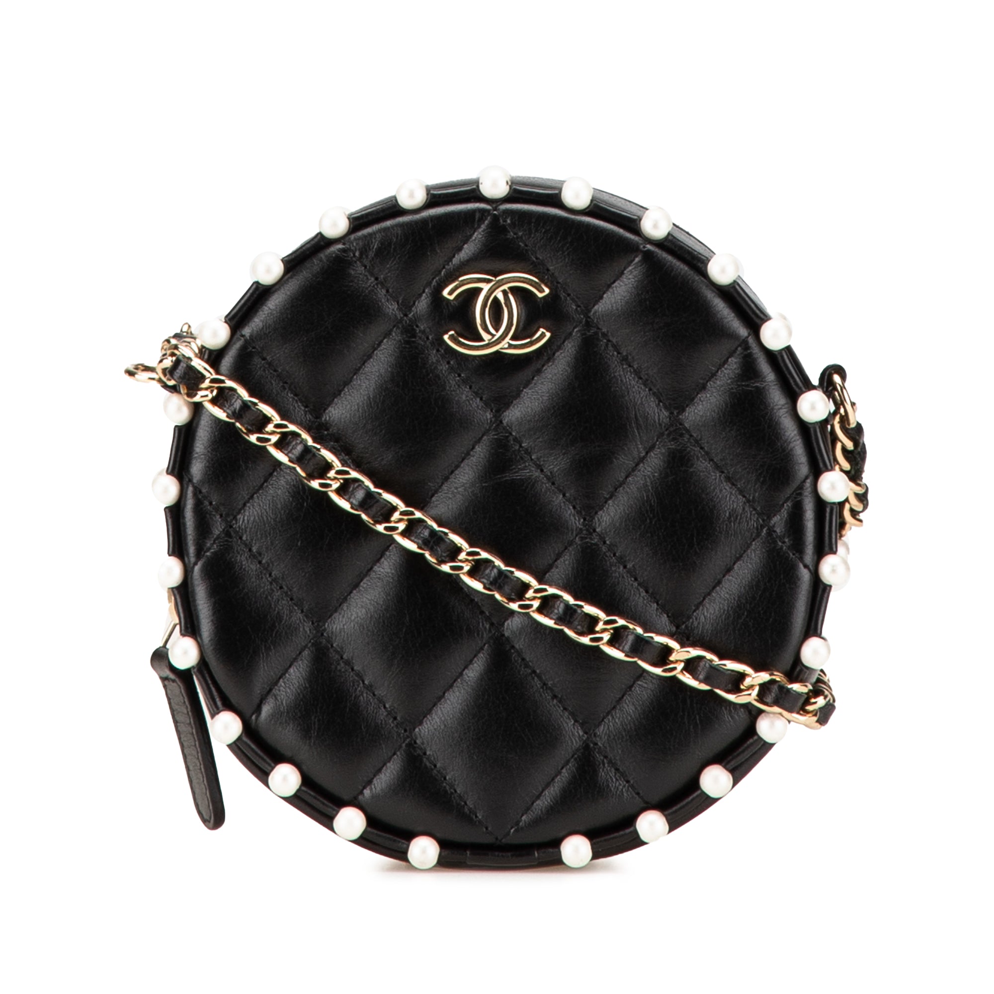 Chanel Quilted Calfskin Pearl Studded Round Clutch with Chain - image 1