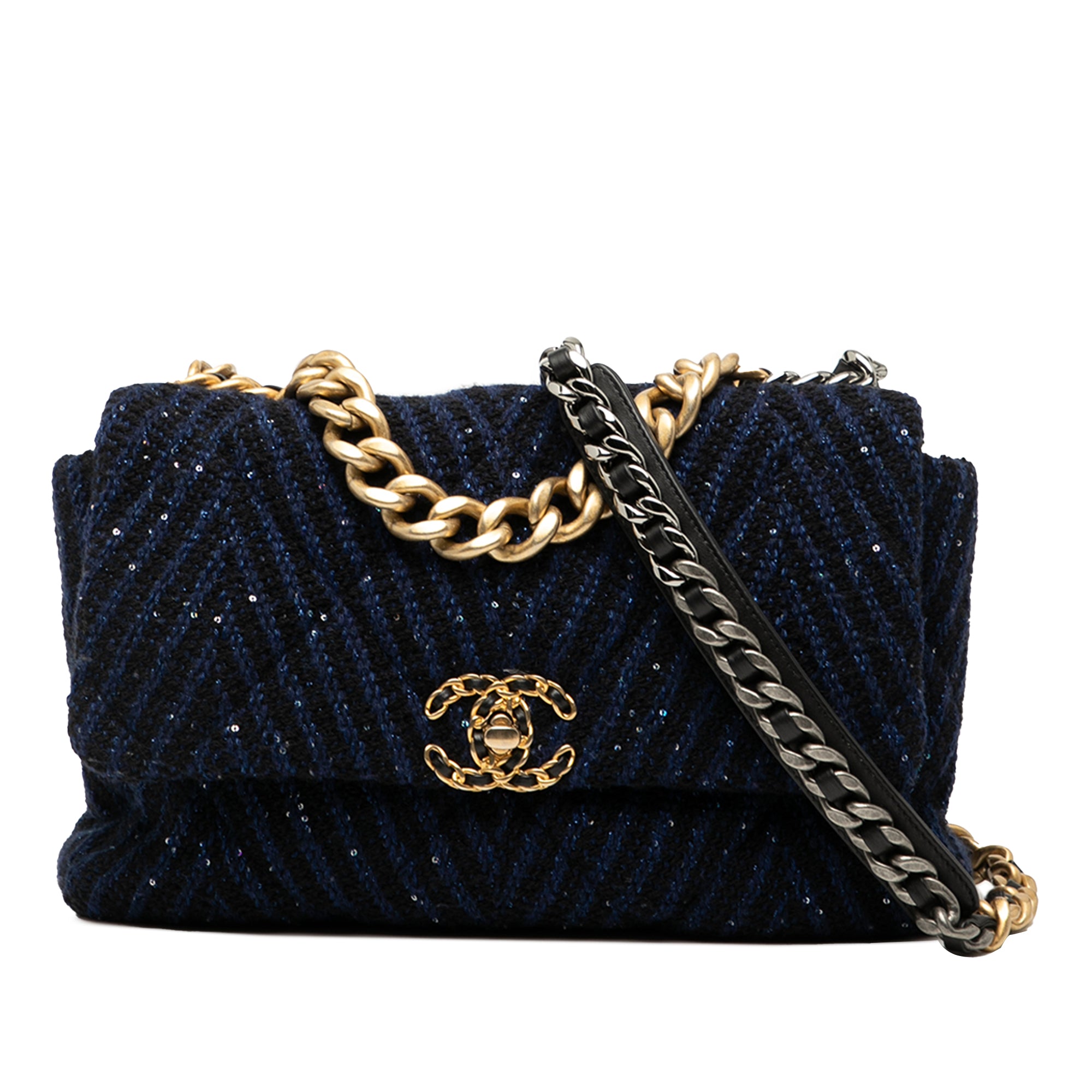 Chanel Large Chevron Tweed Sequin 19 Flap - image 1