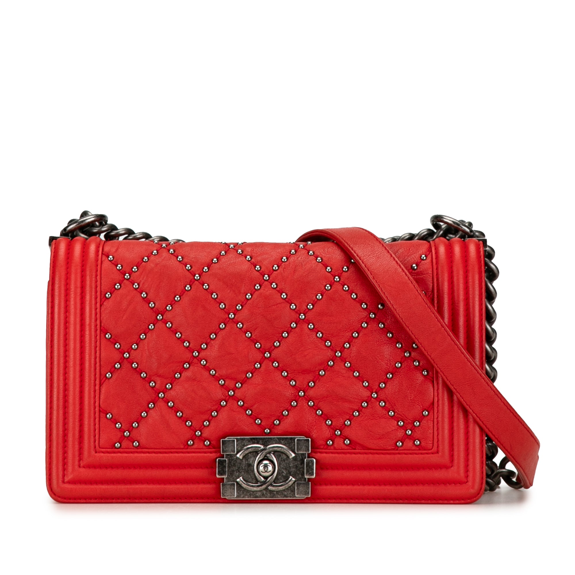 Chanel Old Medium Quilted Crumpled Calfskin Studded Boy Flap - image 1