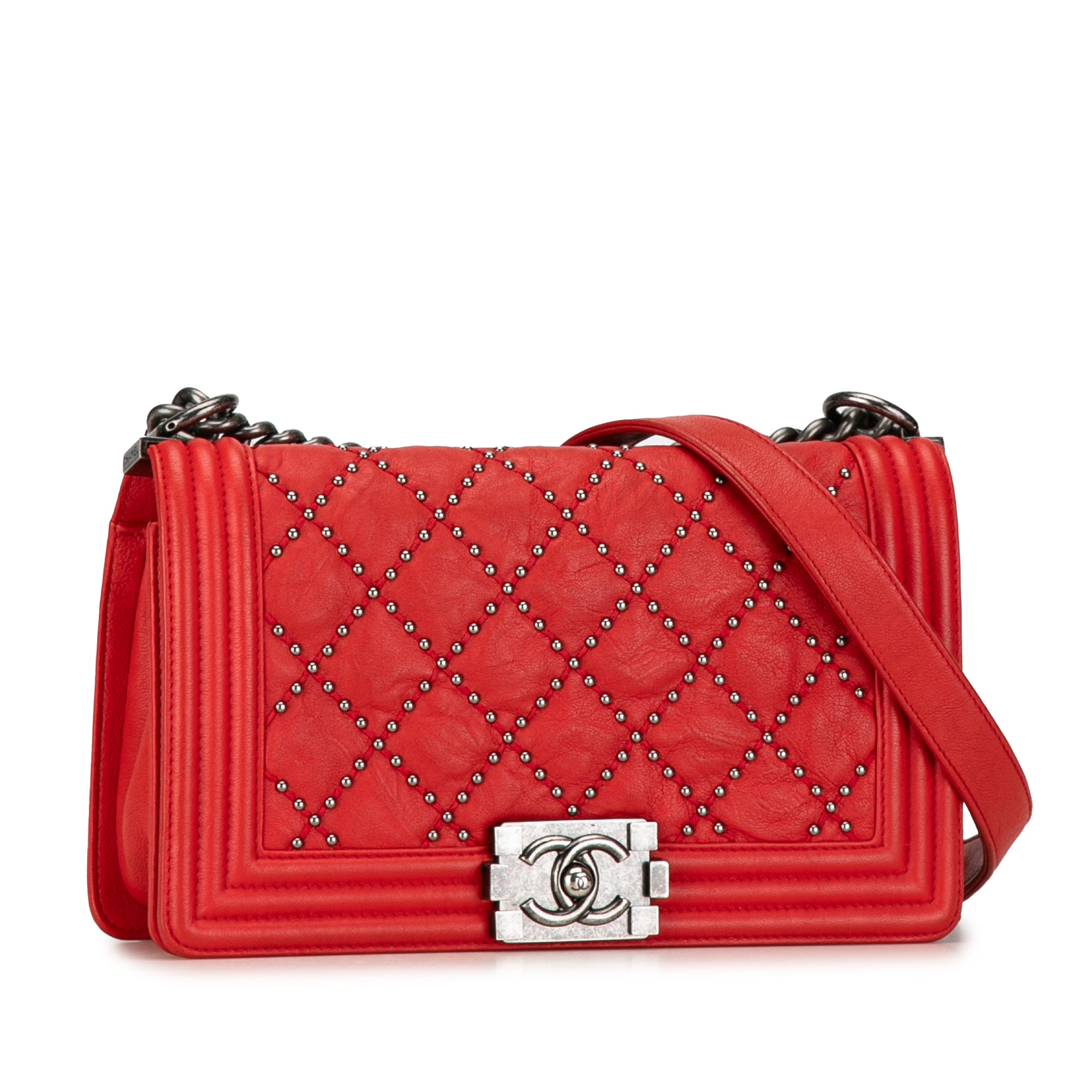Chanel Old Medium Quilted Crumpled Calfskin Studded Boy Flap - image 2