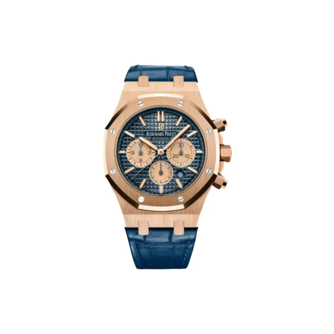 Luxury watch with rose gold case and blue strap on a light gray background