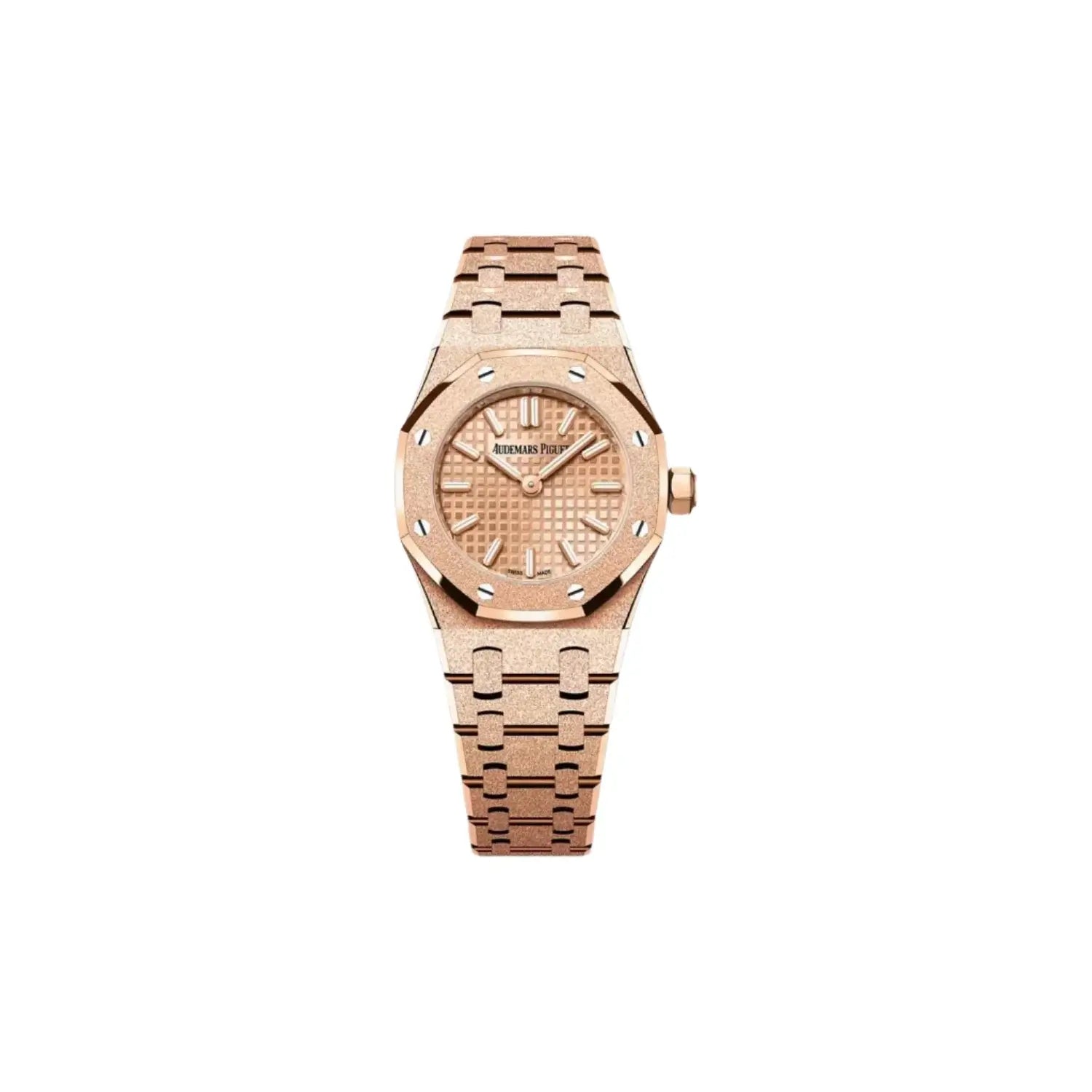 Rose gold watch on a light beige background