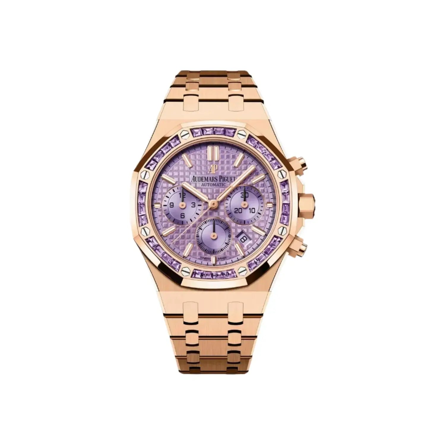 Luxury watch with purple face and rose gold band on a white background