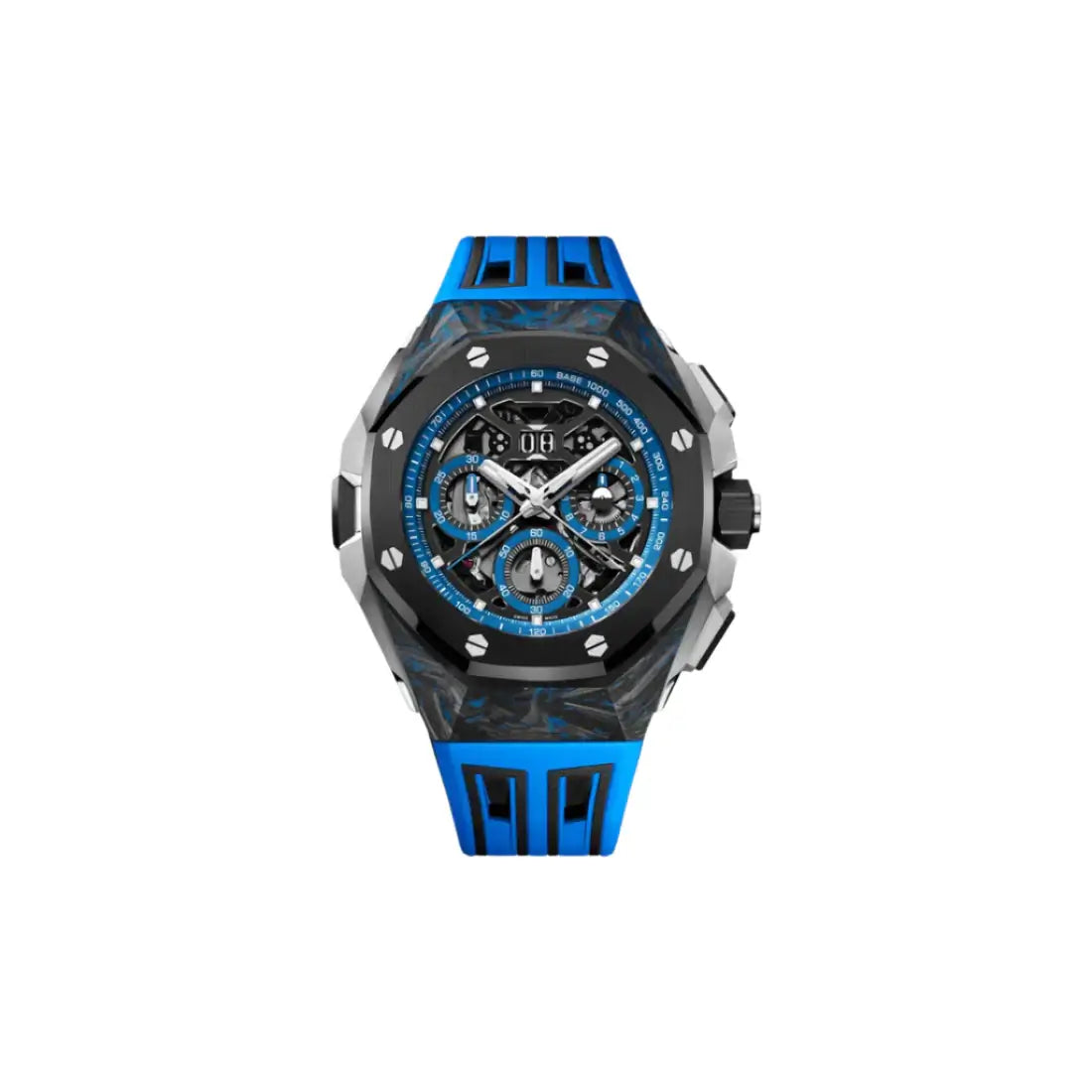 Luxury watch with blue and black design on a light gray background