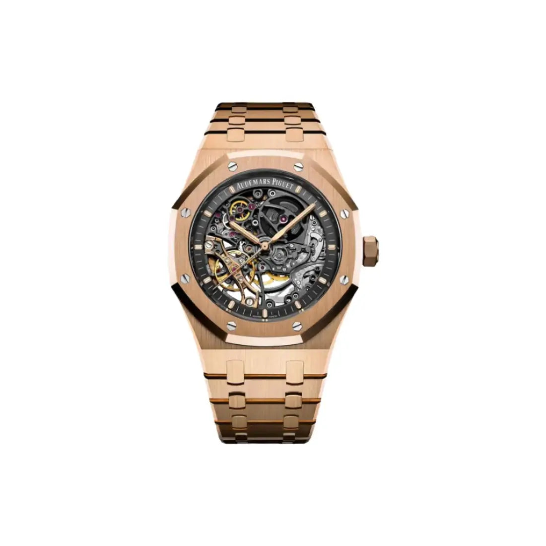 Rose gold watch with a detailed face on a white background