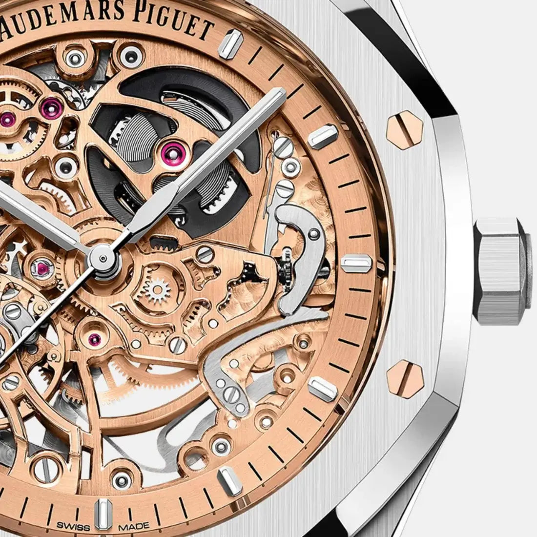 Close-up of a luxury watch with visible brand name, intricate mechanical components, and rose gold and silver finish.