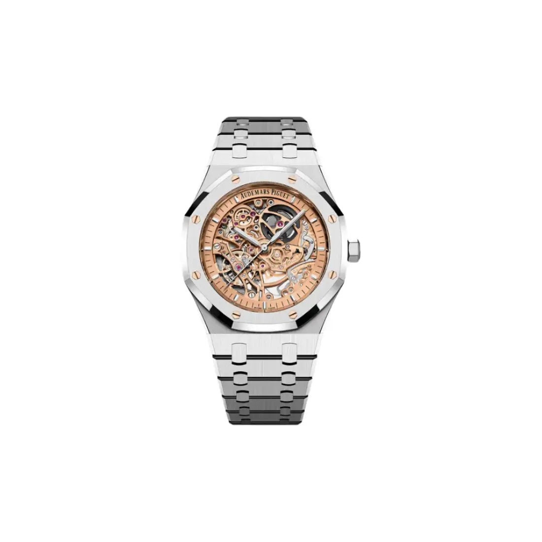 Luxury watch with silver and rose gold design on a white background