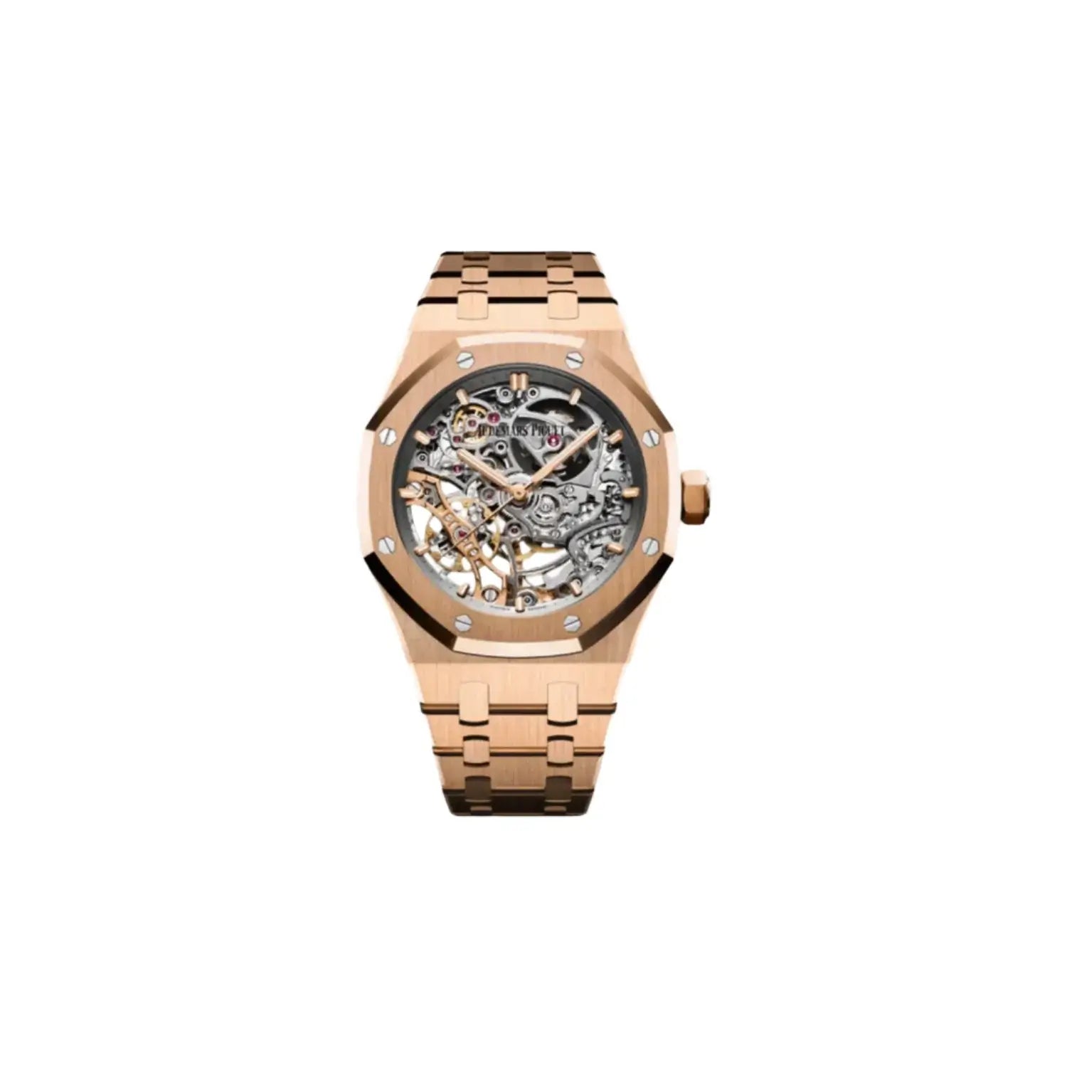Rose gold watch with a detailed face on a light gray background