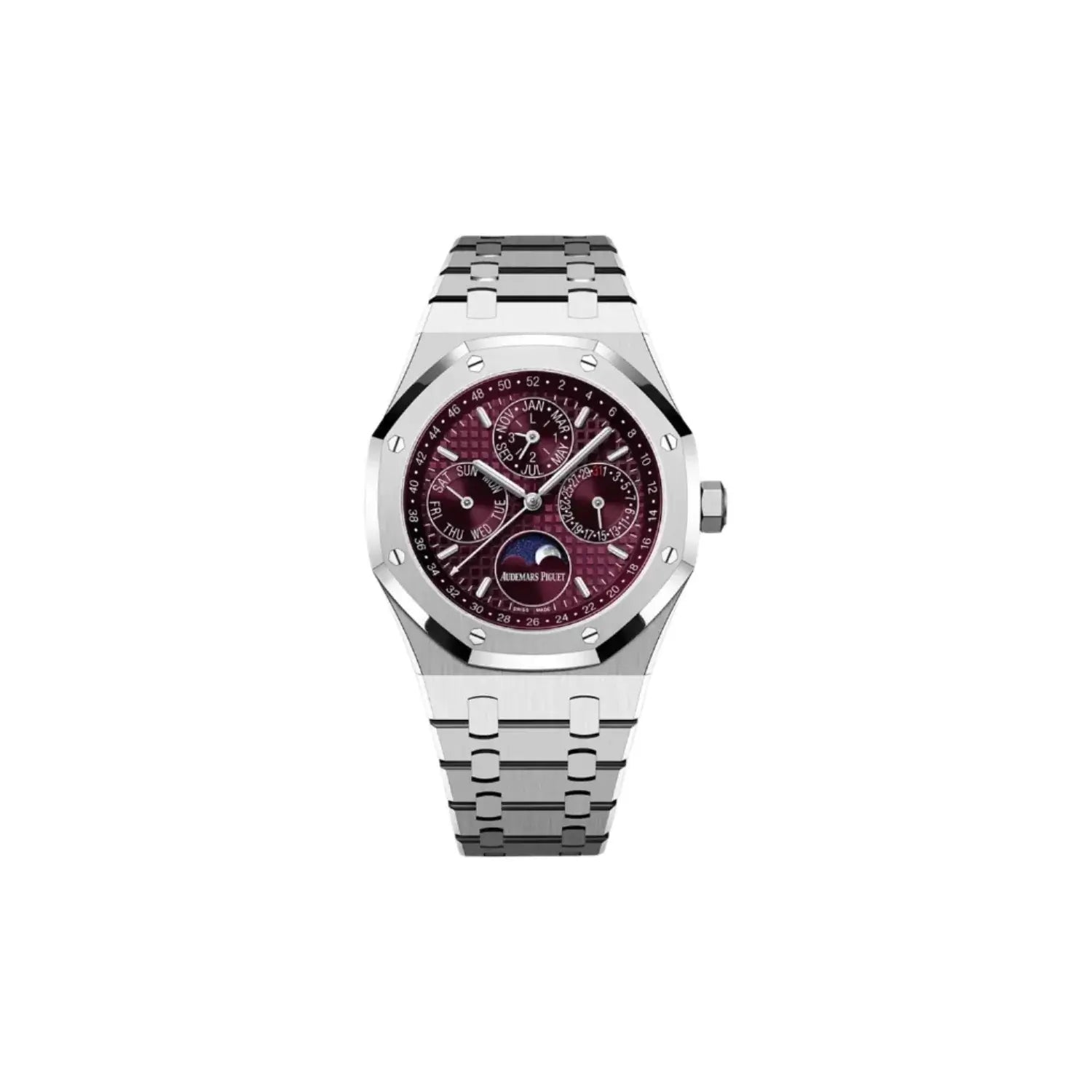 Silver watch with a purple face on a white background