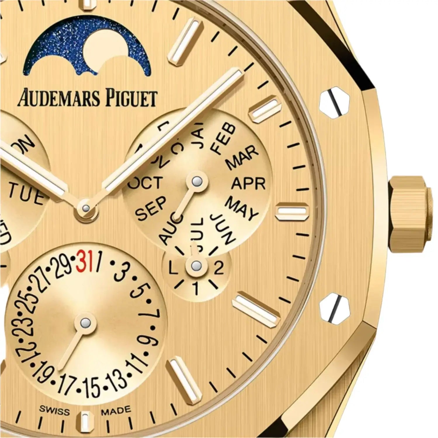 Gold Audemars Piguet watch with detailed face on a light gray background