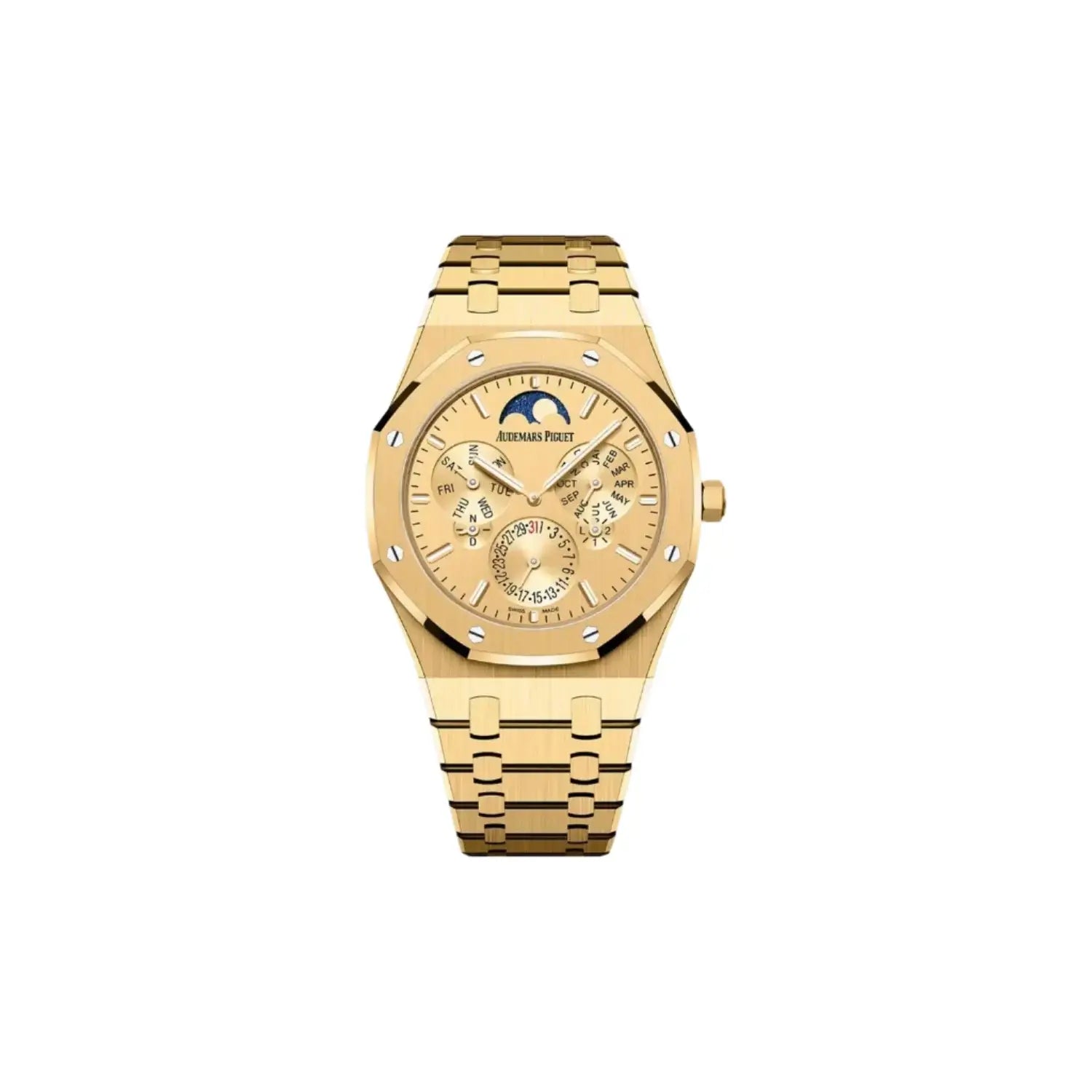 Gold watch with detailed face on a light gray background