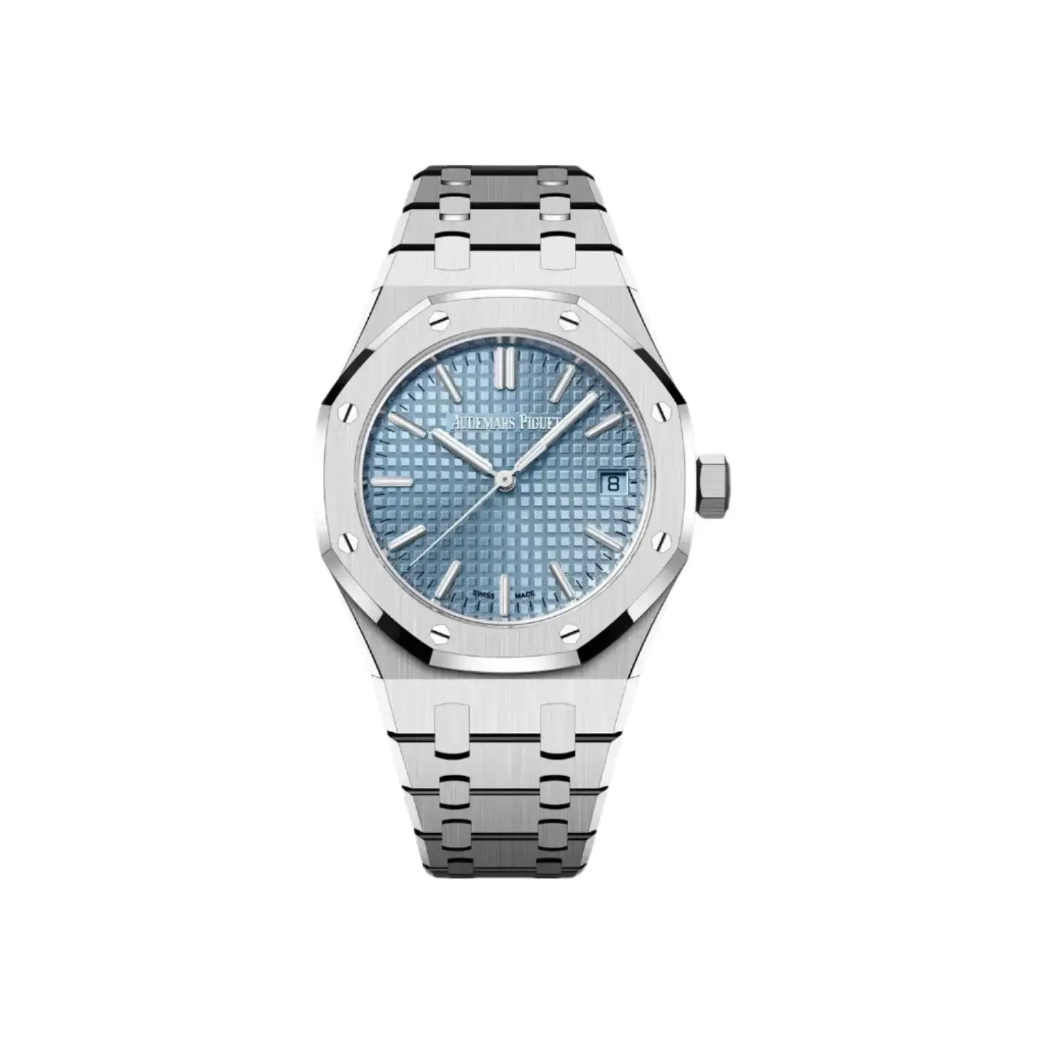 Silver watch with blue face on a white background