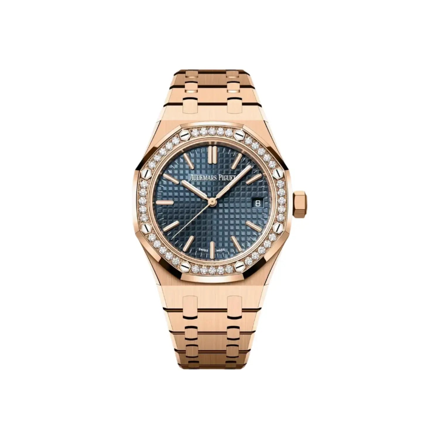 Luxury watch with rose gold case and bracelet on a light gray background