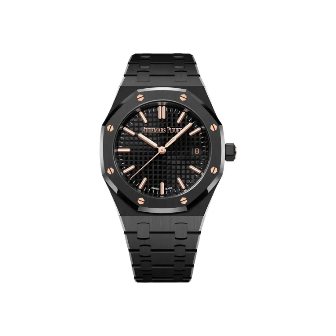 Black watch with rose gold accents on a light gray background