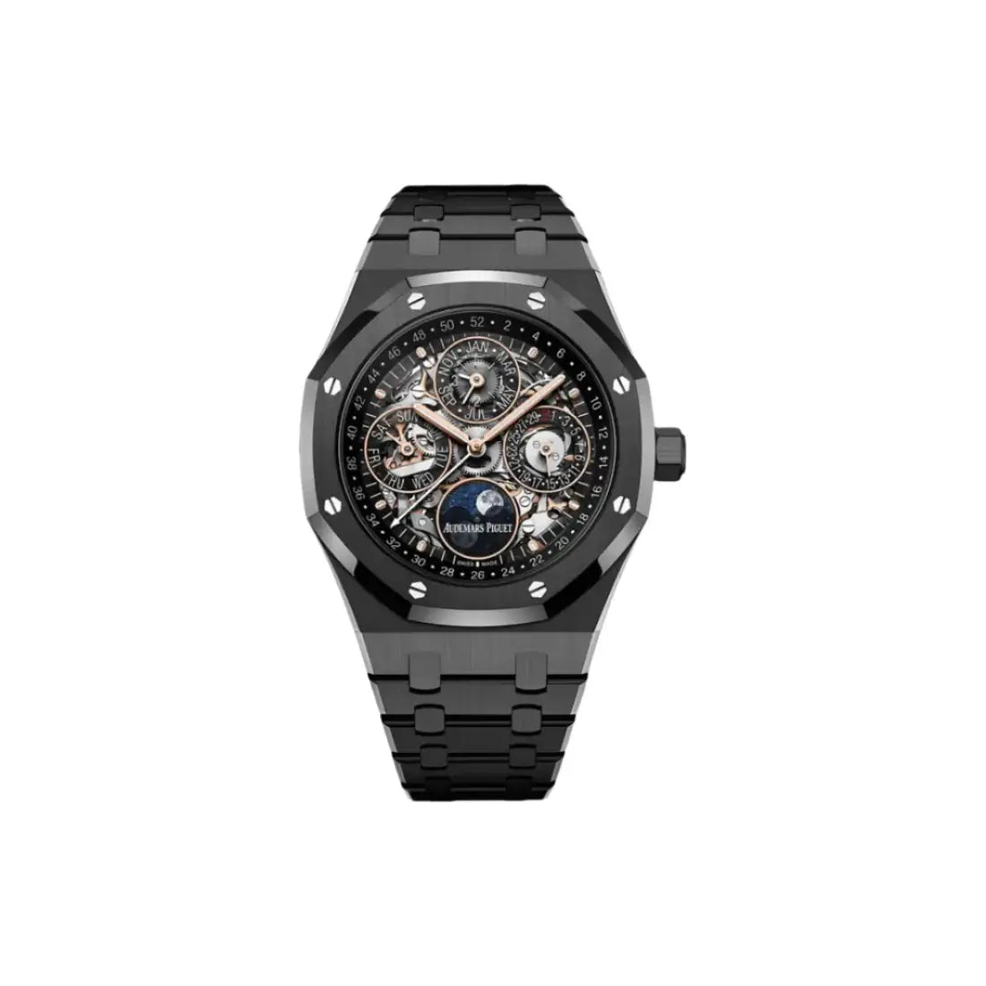 Black luxury watch with detailed face on a light gray background
