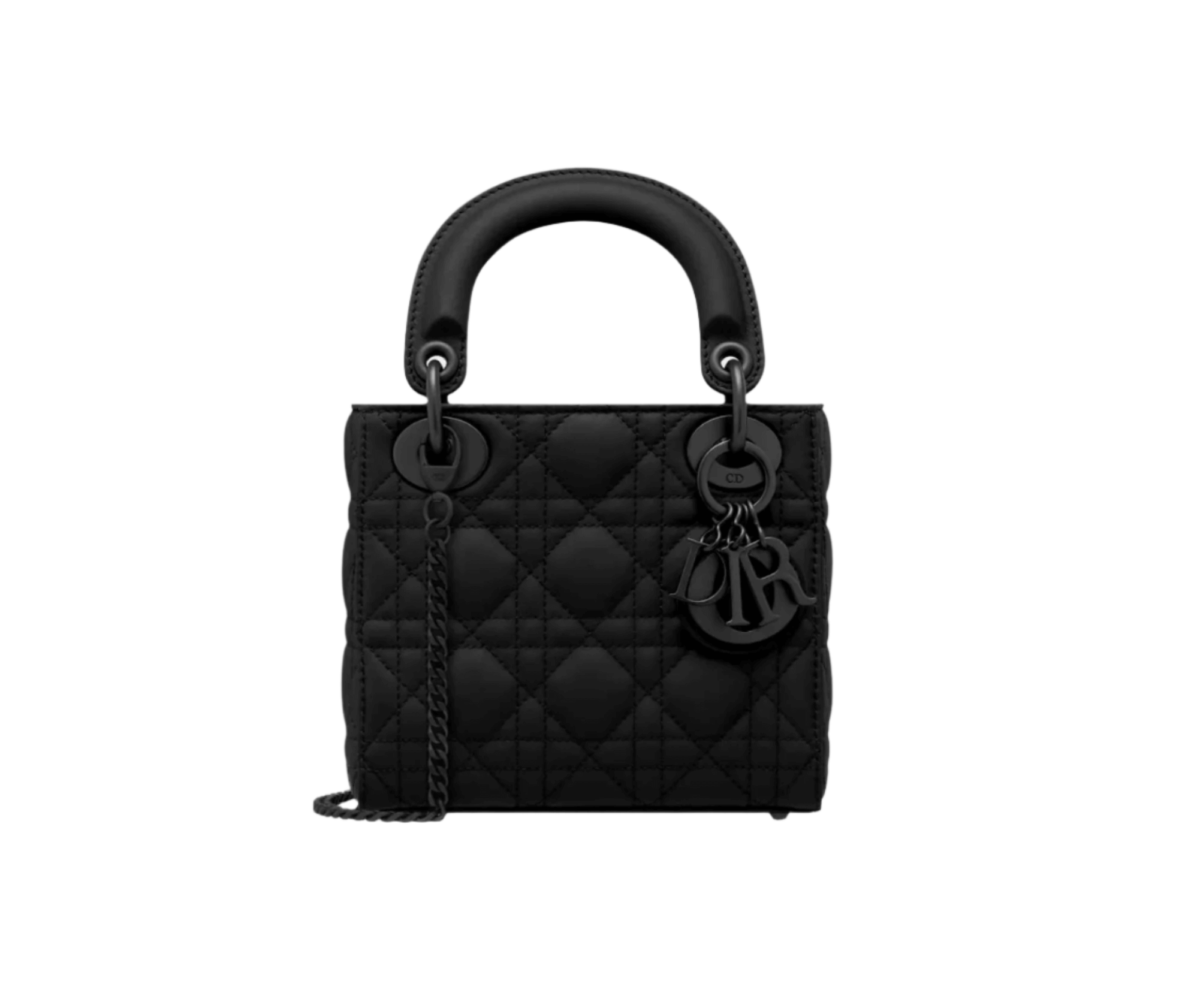 Mini Lady Dior bag in black ultramatte calfskin with signature Cannage stitching and tonal D.I.O.R. charms
