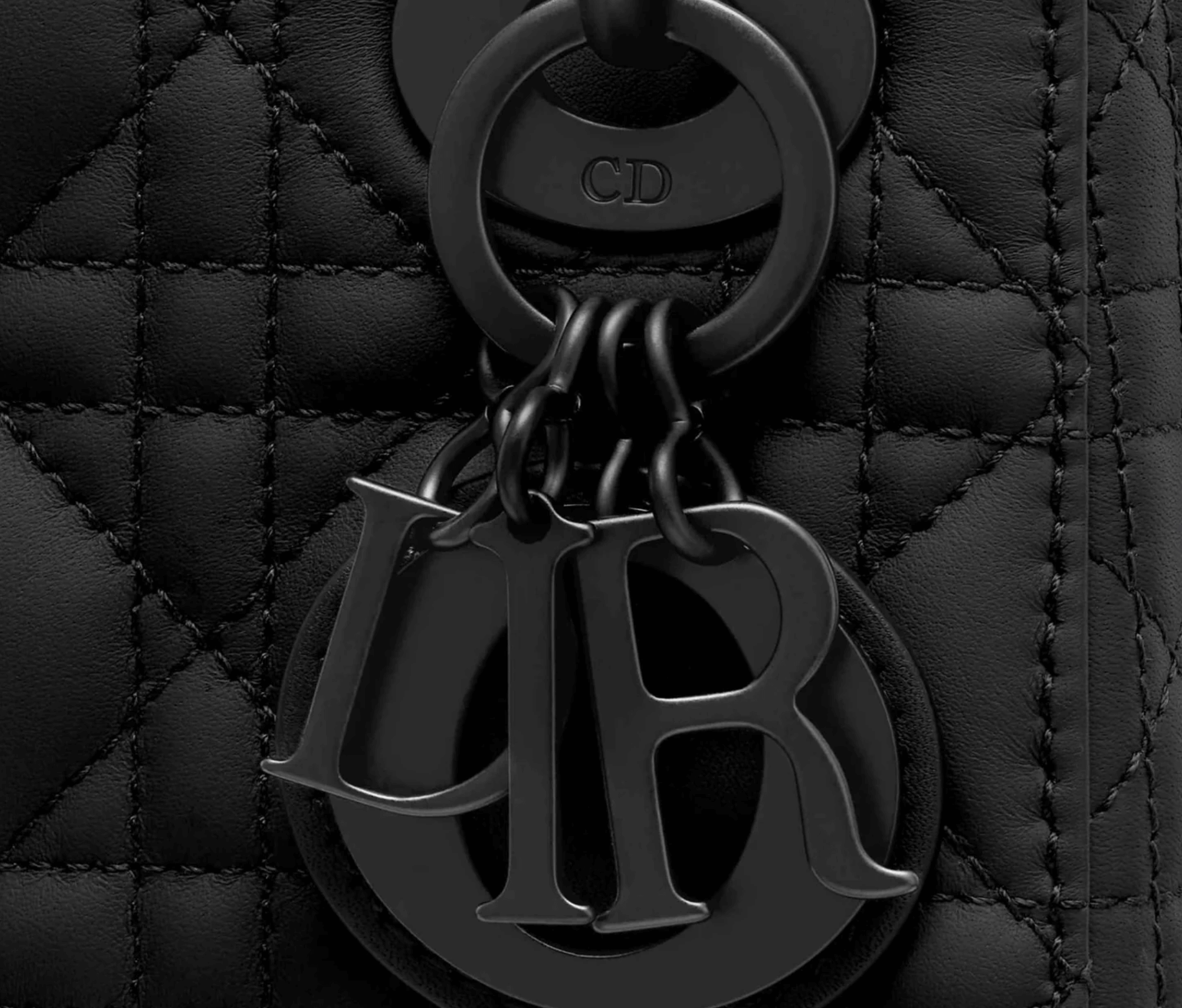 Close-up of black ultramatte D.I.O.R. metal charms and graphic Cannage stitching on Dior Mini Lady Dior bag
