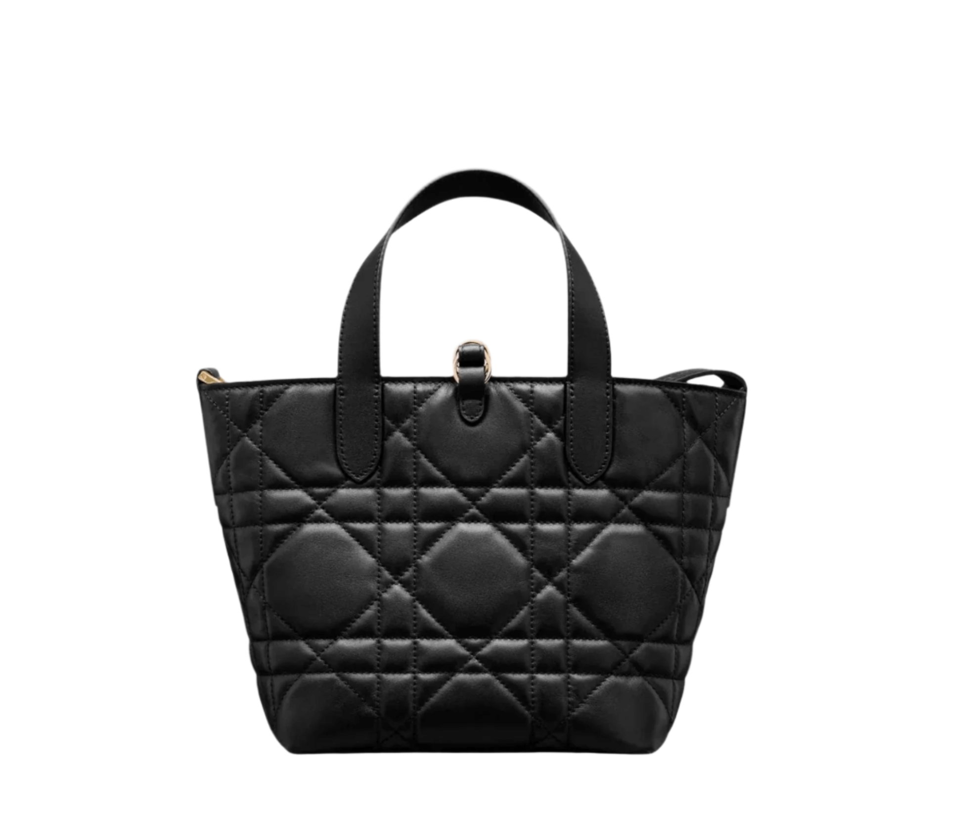 Rear profile of Dior Small Vertical Tote showing slim structure, top handles, and adjustable removable shoulder strap
