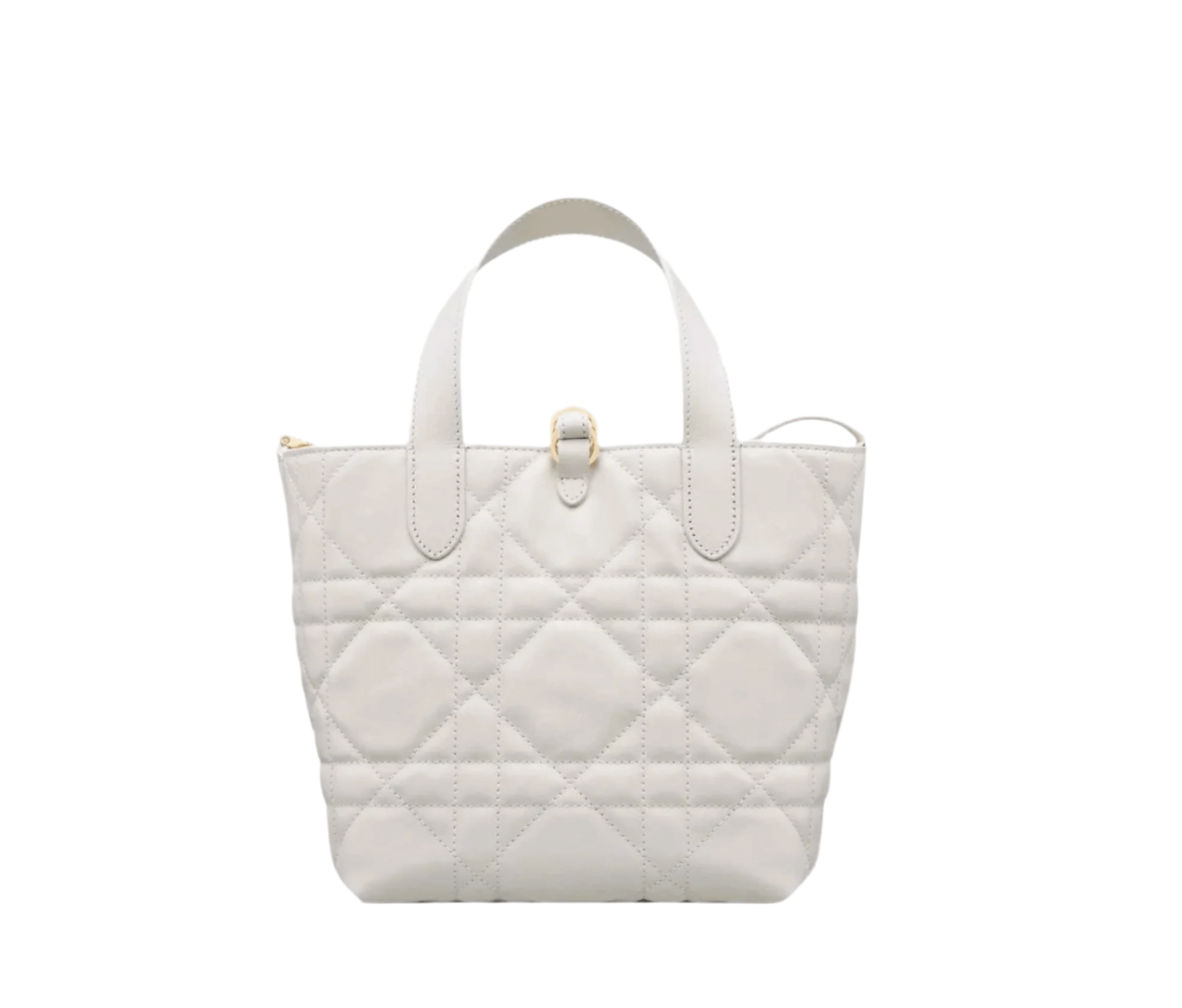 Rear view of Dior Small Toujours Tote showing vertical silhouette, structured body, and removable leather shoulder strap
