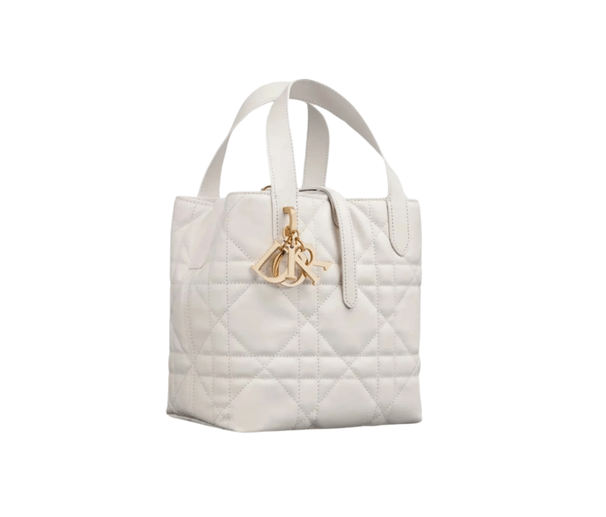 Side view of Dior Small Toujours Tote showing vertical silhouette, structured body, and removable leather shoulder strap
