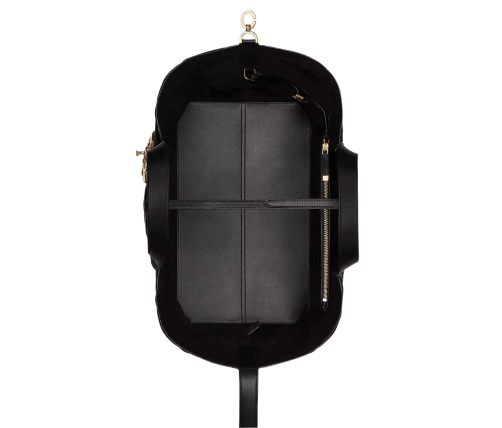 Interior view of Dior Toujours Bag with suede and calfskin lining, featuring removable zip pouch for added storage
