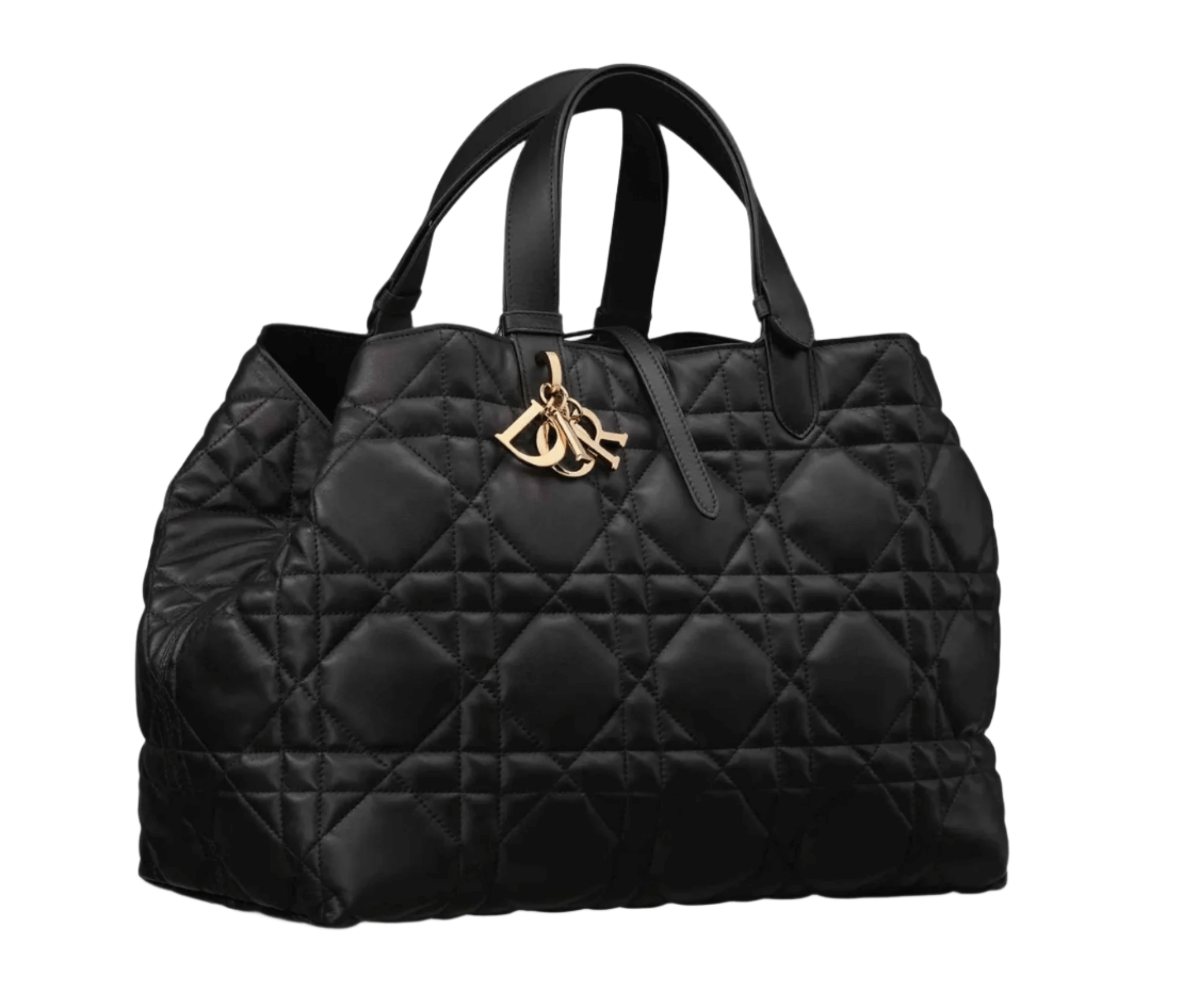 Dior Toujours Large Bag in supple black calfskin with Macrocannage stitching and gold-tone D.I.O.R. charms
