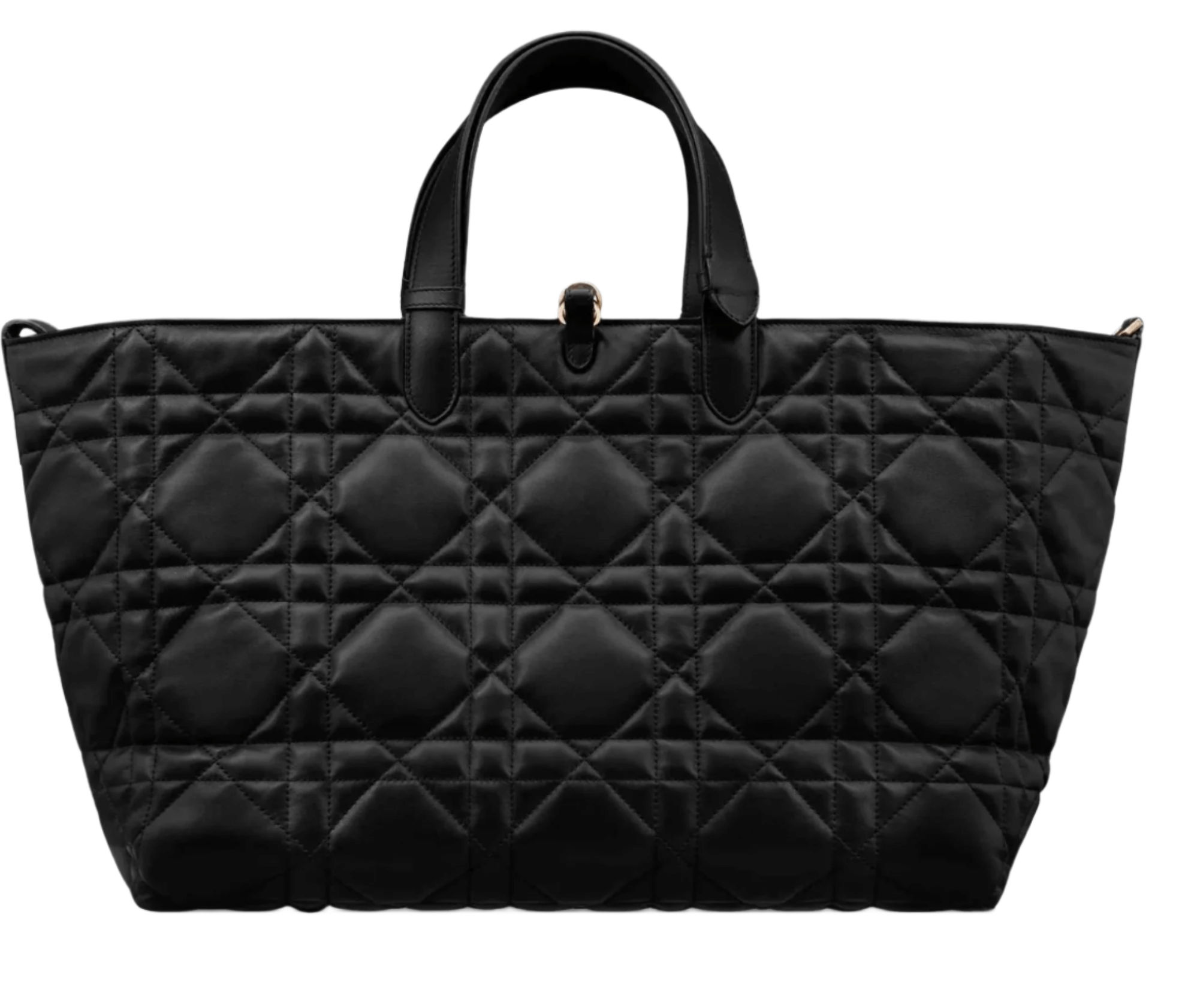 Side view of Dior Toujours Large Tote showing structured silhouette, adjustable leather handles, and lace-through strap closure
