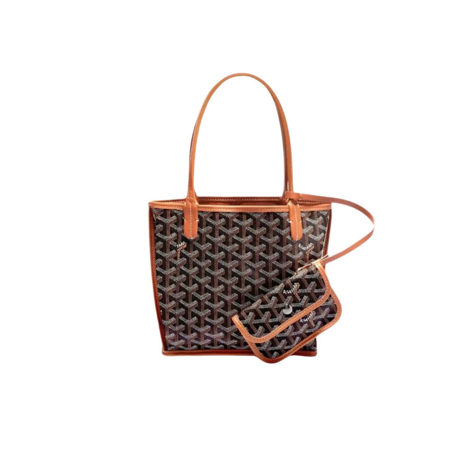 Brown handbag with iconic Goyard pattern on a white background
