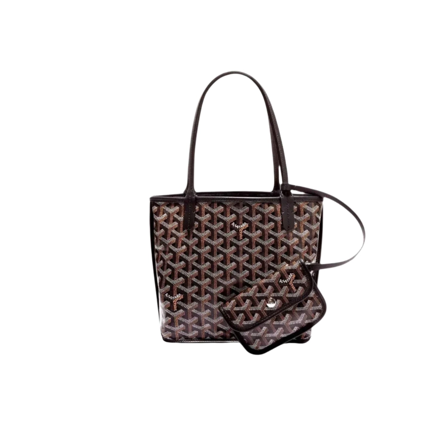 Black handbag with iconic Goyard pattern on a white background