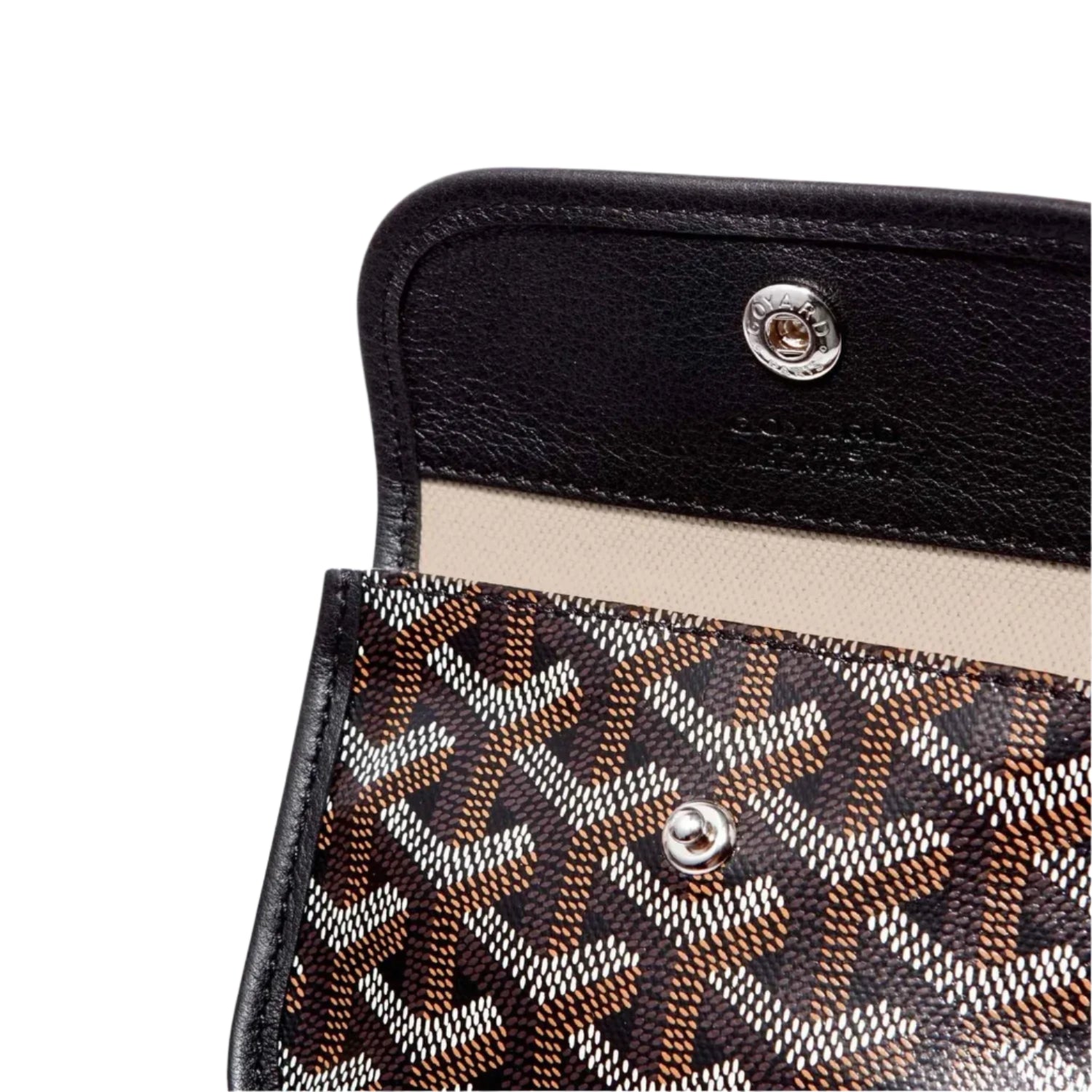 Close up of a Black handbag with iconic Goyard pattern on a white background