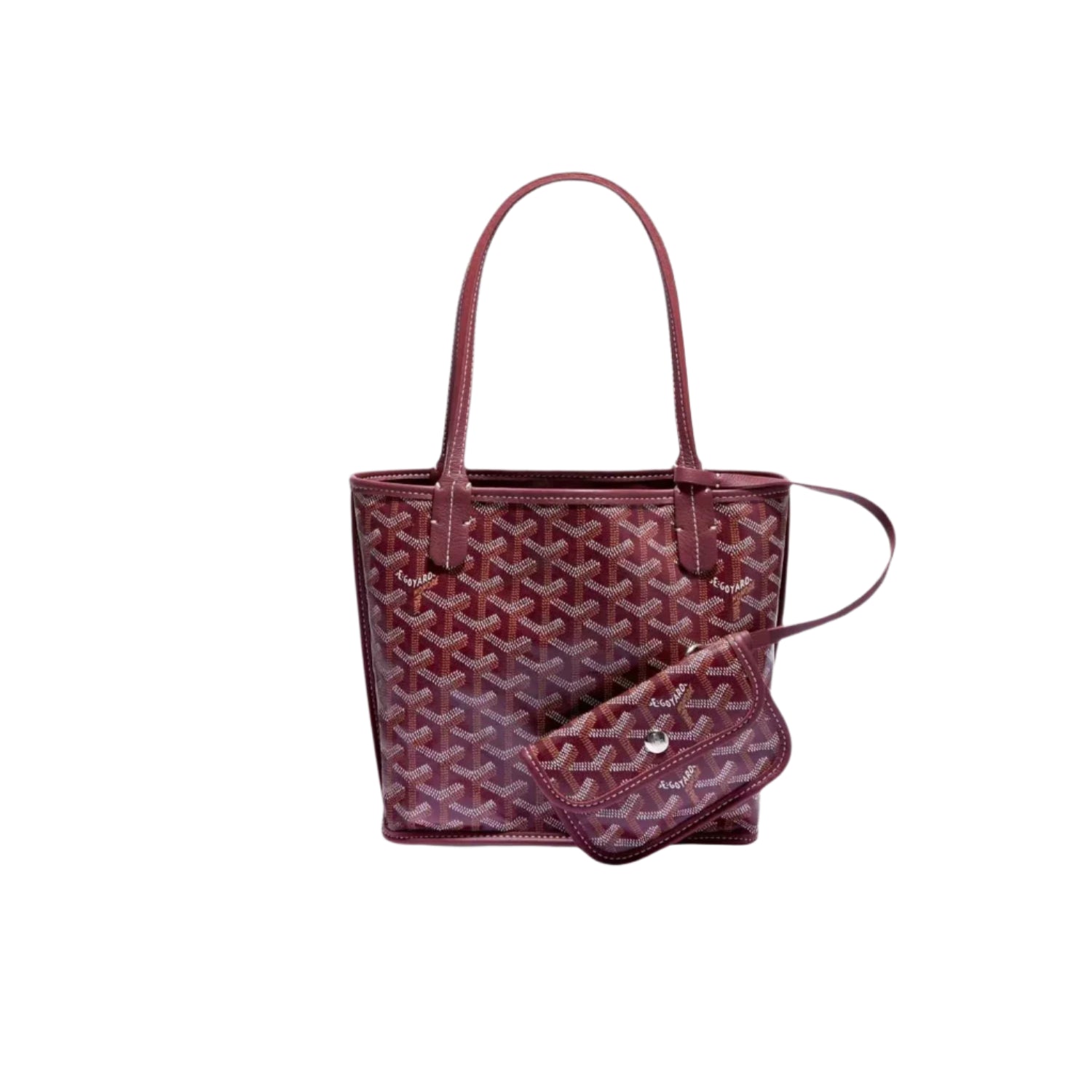 Burgundy handbag with iconic Goyard pattern on a white background