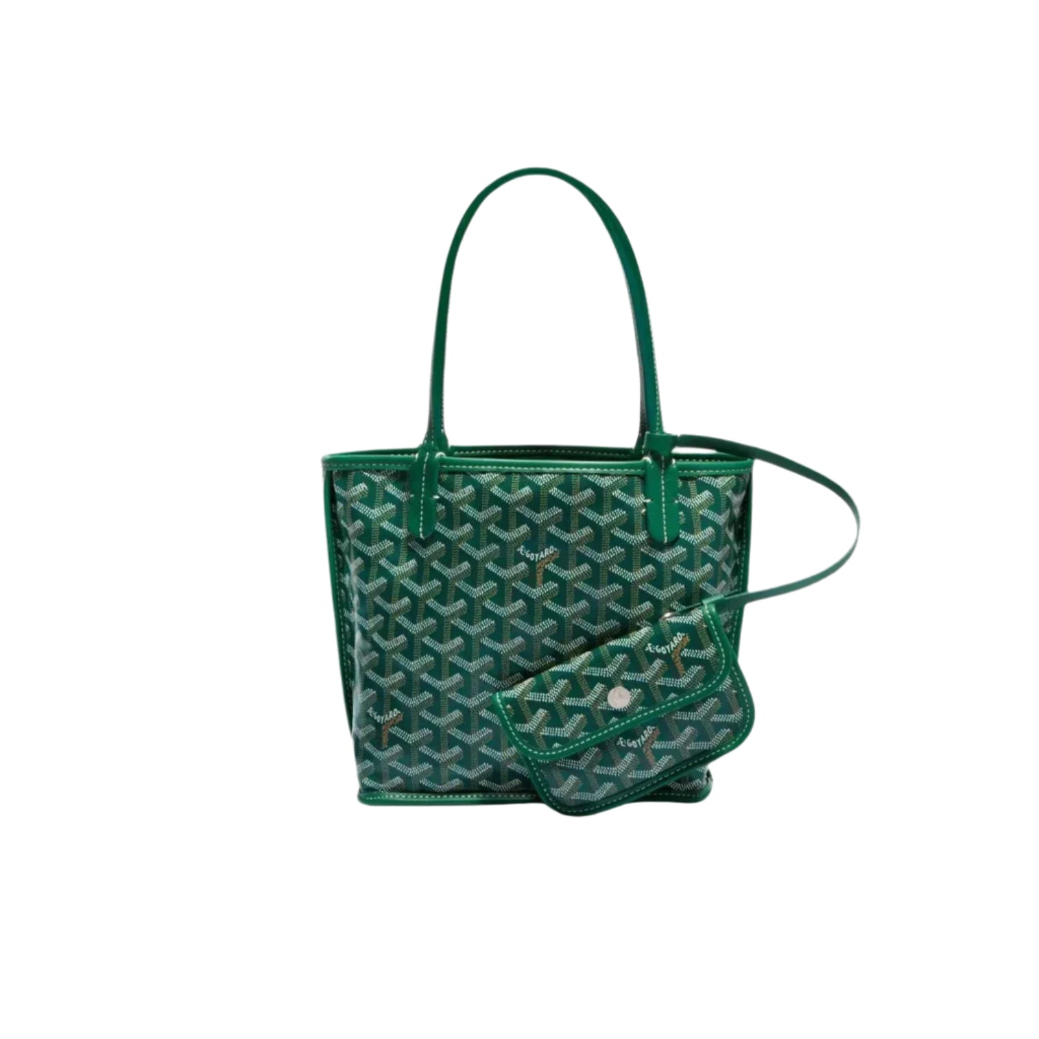 Green handbag with iconic Goyard pattern on a white background
