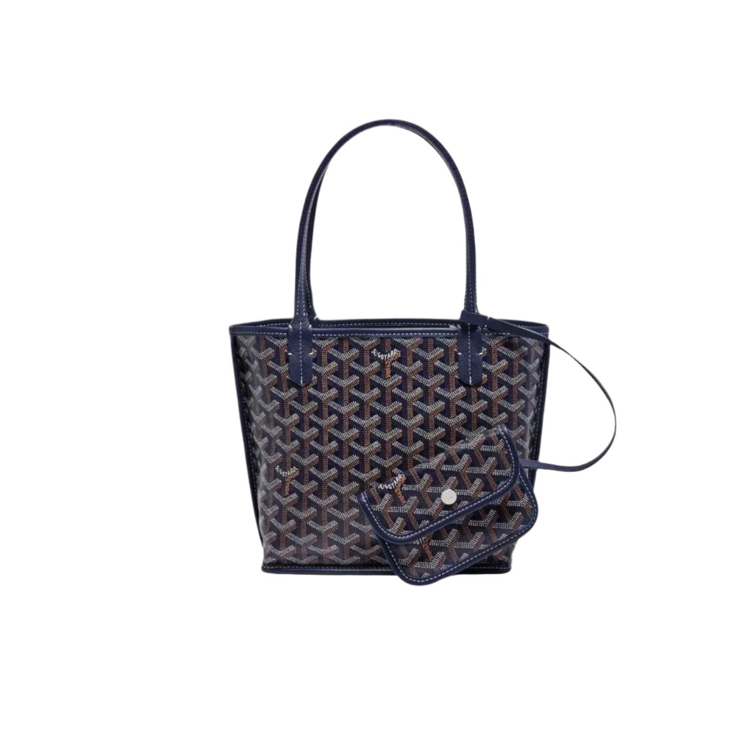 Navy coloured handbag with iconic Goyard pattern on a white background