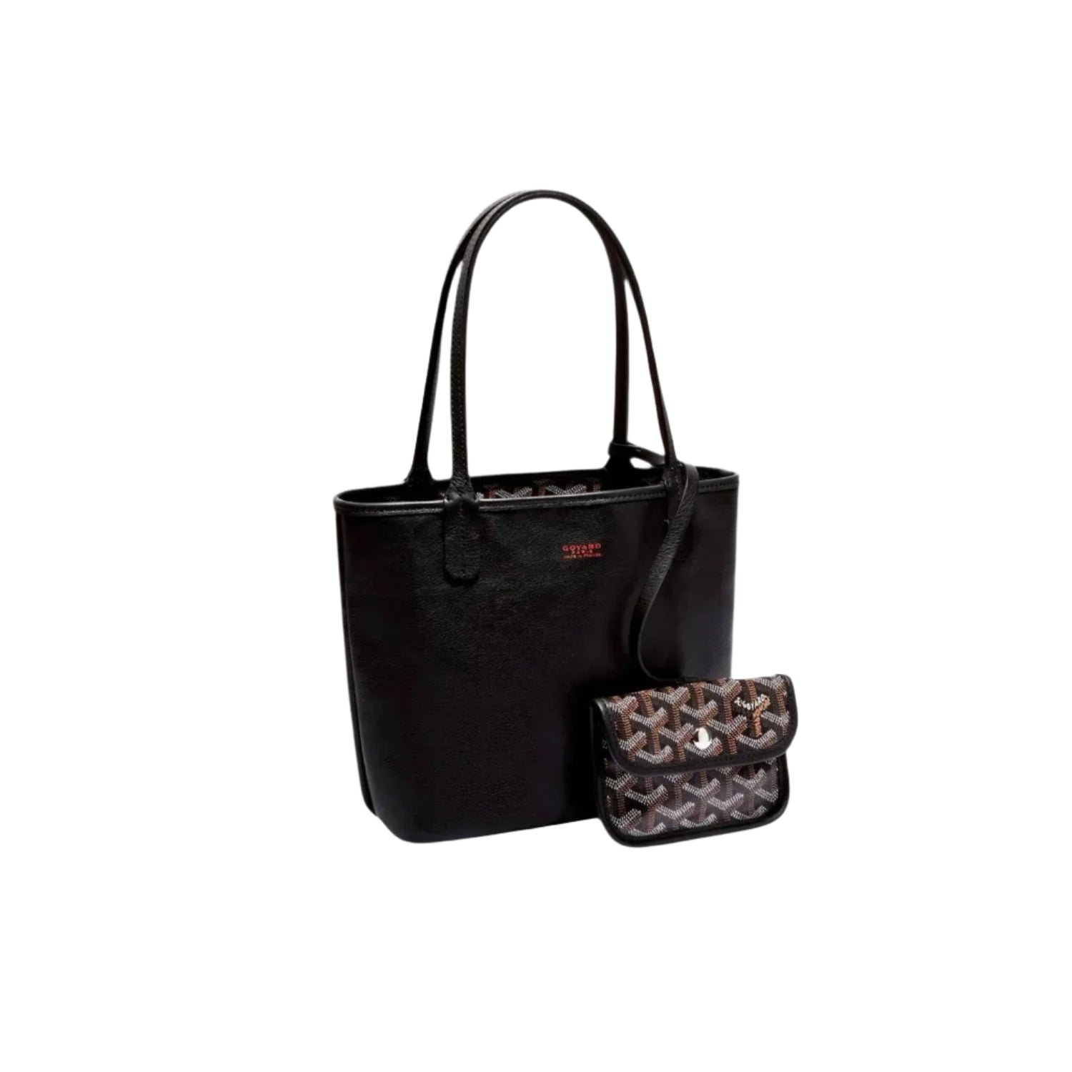 Black handbag with iconic Goyard pattern on a white background