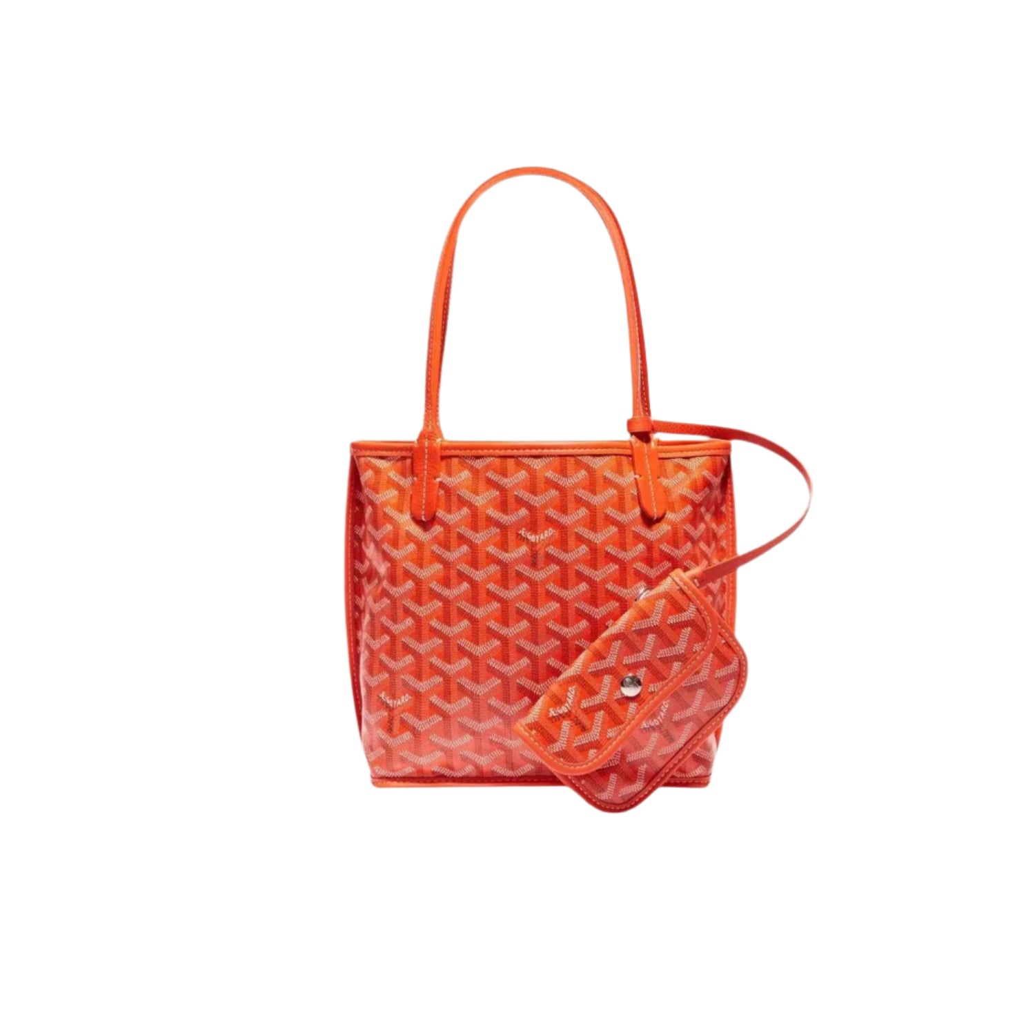 Orange handbag with iconic Goyard pattern on a white background