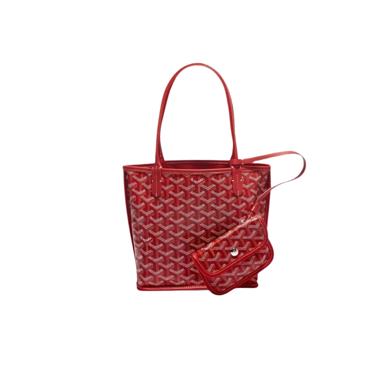 Red handbag with iconic Goyard pattern on a white background