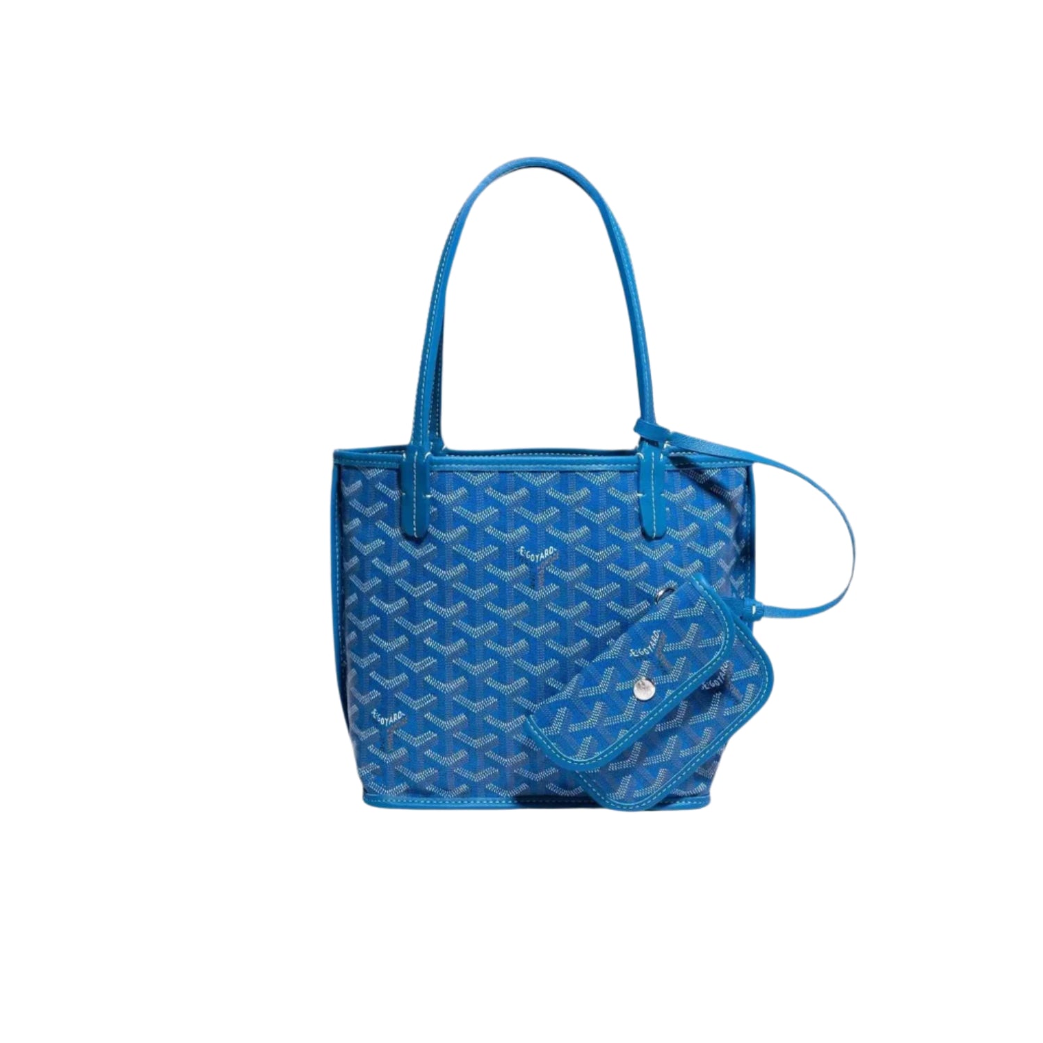 Blue handbag with iconic Goyard pattern on a white background