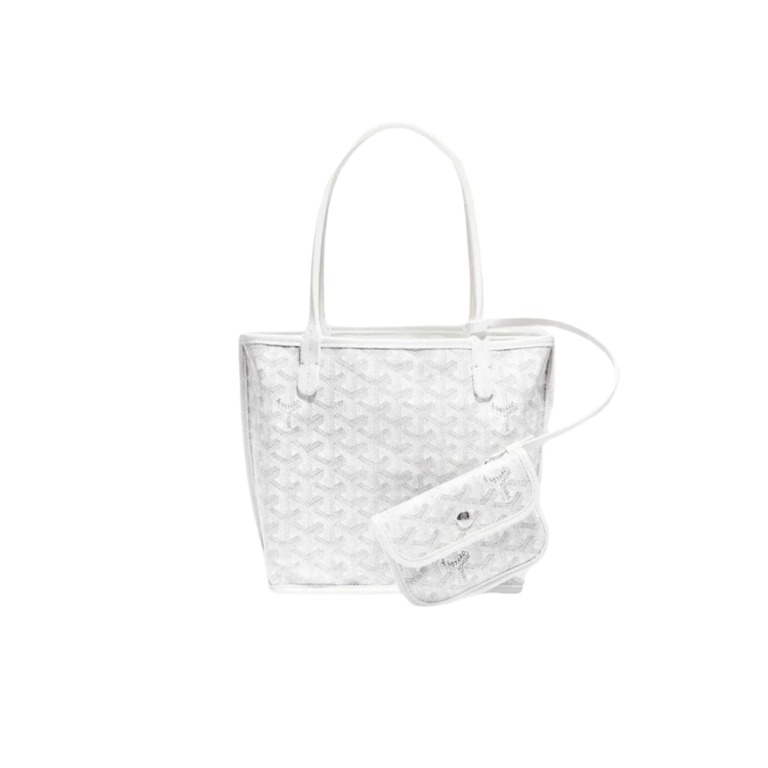 White handbag with iconic Goyard pattern on a white background