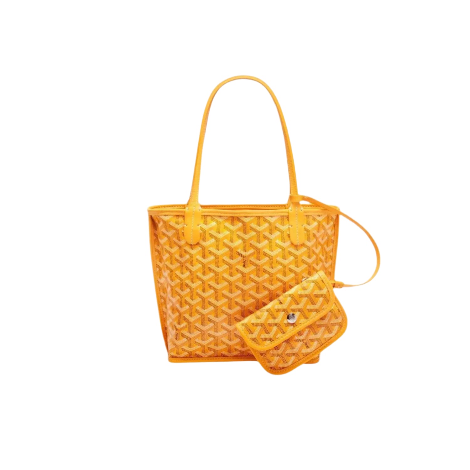 Yellow handbag with iconic Goyard pattern on a white background