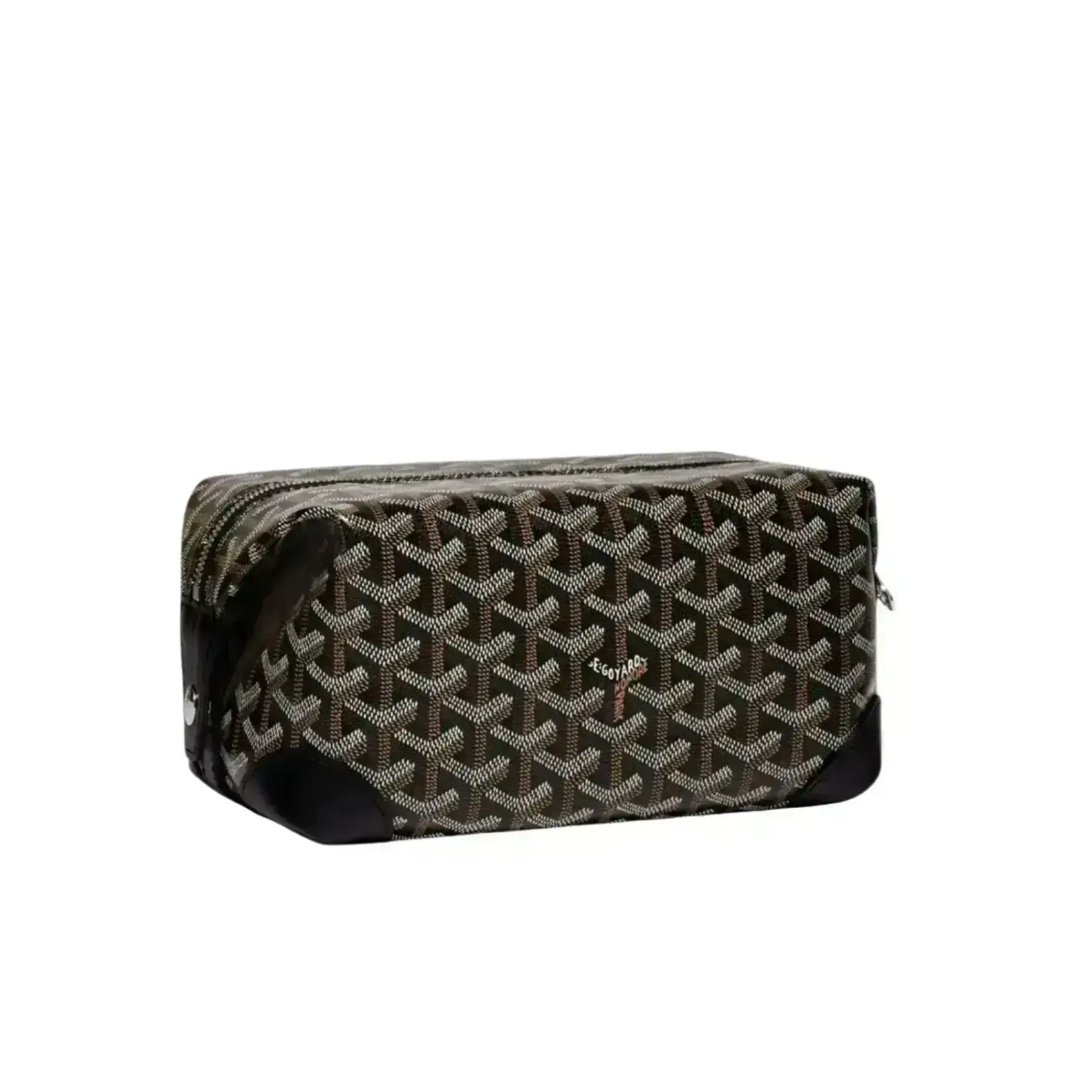 Goyard patterned toiletry bag on a white background