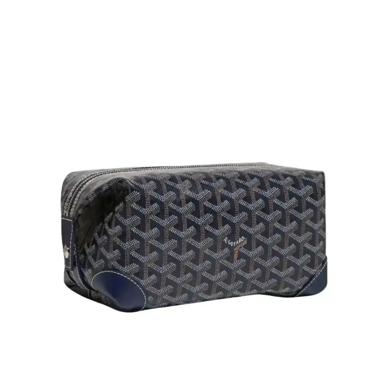 Goyard patterned toiletry bag on a white background