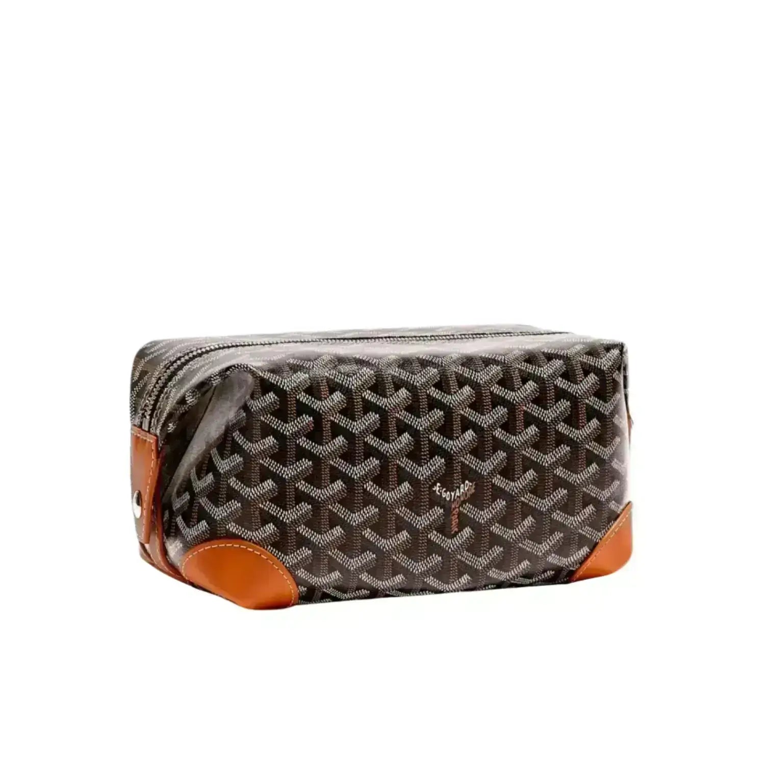 Goyard patterned toiletry bag on a white background