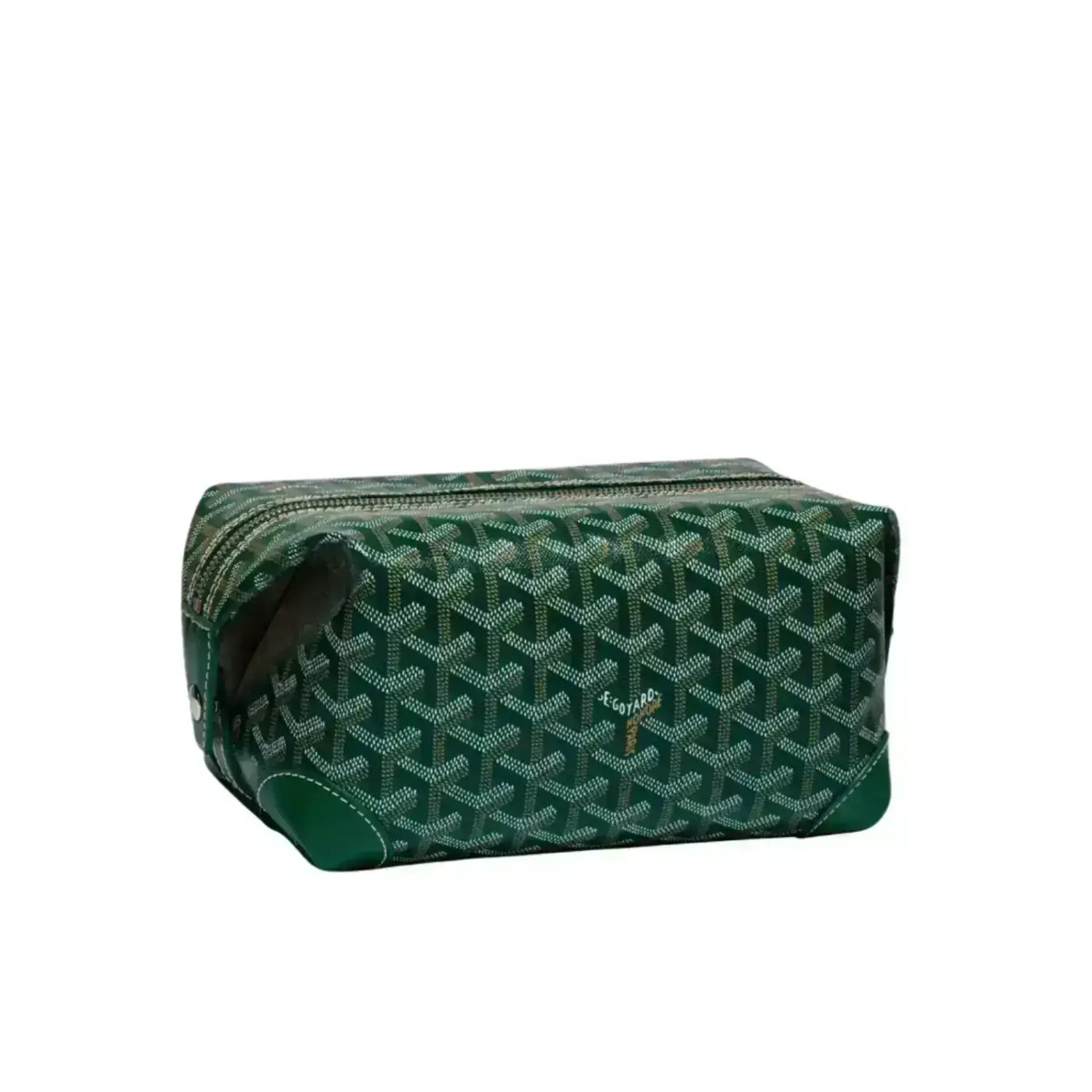 Goyard patterned toiletry bag on a white background