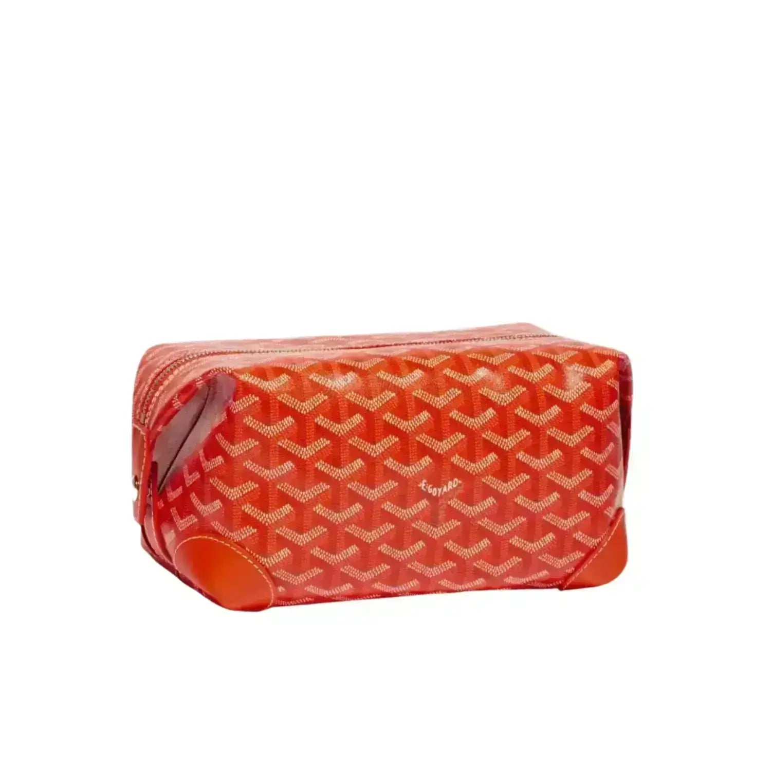 Goyard patterned toiletry bag on a white background